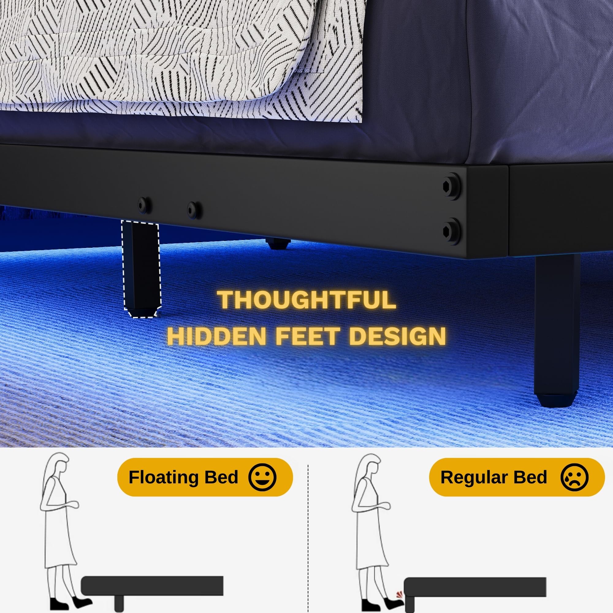 DWVO Queen Size Floating LED Bed Frame with USB Port - Heavy Duty Metal Platform Bed with Steel Slats, No Box Spring Needed - Easy Assembly, Black - Perfect for Modern Bedrooms & Smart Home Setup
