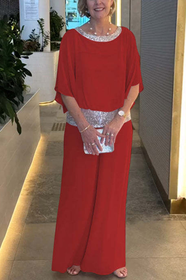 Trendy Sequin Patchwork Dolman Sleeve Blouse & Stretchy Waist Wide Leg Pants Set for Women | Party Outfit, Club Wear, Evening Attire, Special Occasion Fashion