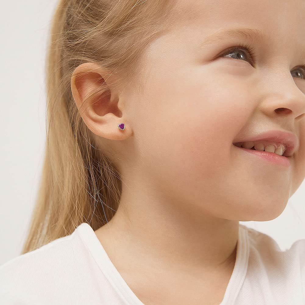 14K Yellow Gold 4mm Bezel Set Heart Cubic Zirconia Screw Back Earrings for Baby Girls, Toddlers & Young Kids - Cute Heart Stud Earrings with Secure Locking Backs - Perfect for Birthdays, Christenings & First Piercing Gifts
