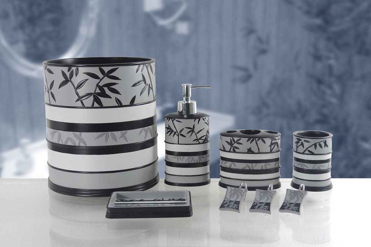 6-Piece Ceramic Bathroom Accessory Set - Venezia Gray & Black | Modern Vanity Organizer for Towel Holder, Soap Dispenser & Toothbrush Cup | Perfect for Guest Bathrooms & Master Suites