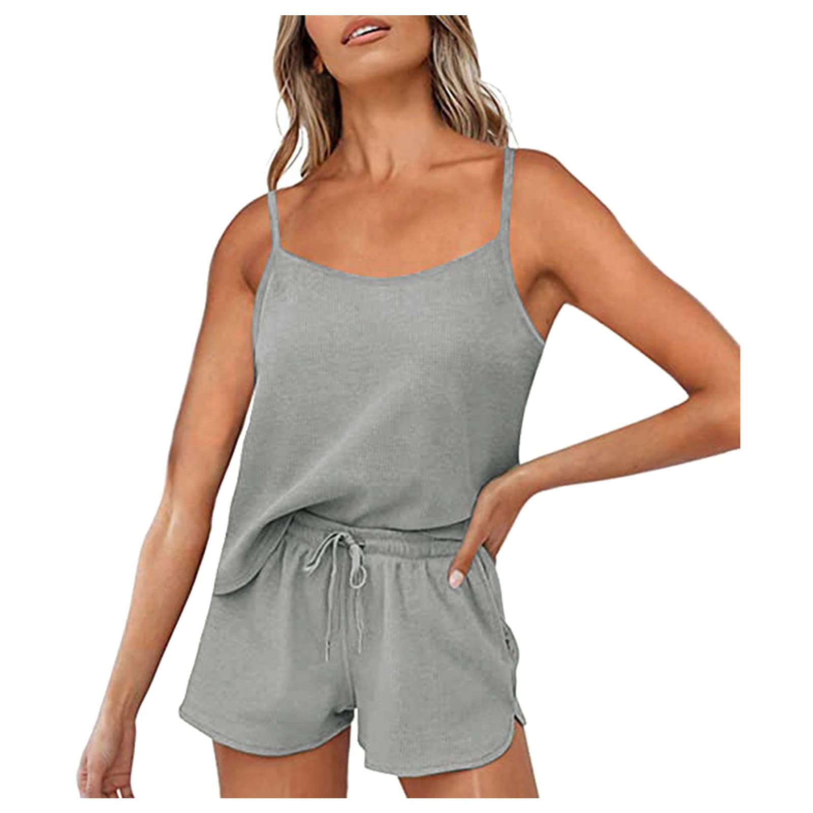 Niuwa Women's 2-Piece Casual Outfits - Solid Color Waffle Cami Top & Shorts Set, Summer Loungewear Tracksuit (Gray, Small) | Perfect for Home Relaxation, Beach Cover-Up & Vacation Outfits