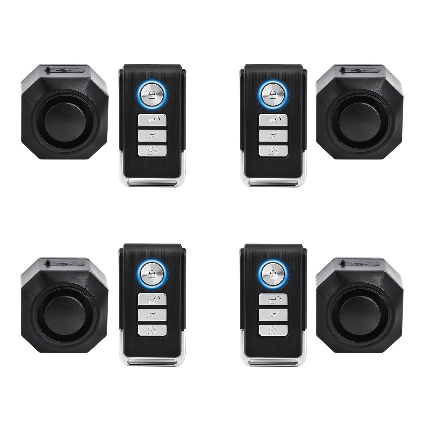 110dB Wireless Bike Alarm with Vibration & Motion Sensor - USB Rechargeable, Waterproof Anti-Theft Bicycle & Motorcycle Security Alarm with Remote Control (4-Pack) - Perfect for Parking Lots, Garages & Outdoor Adventures