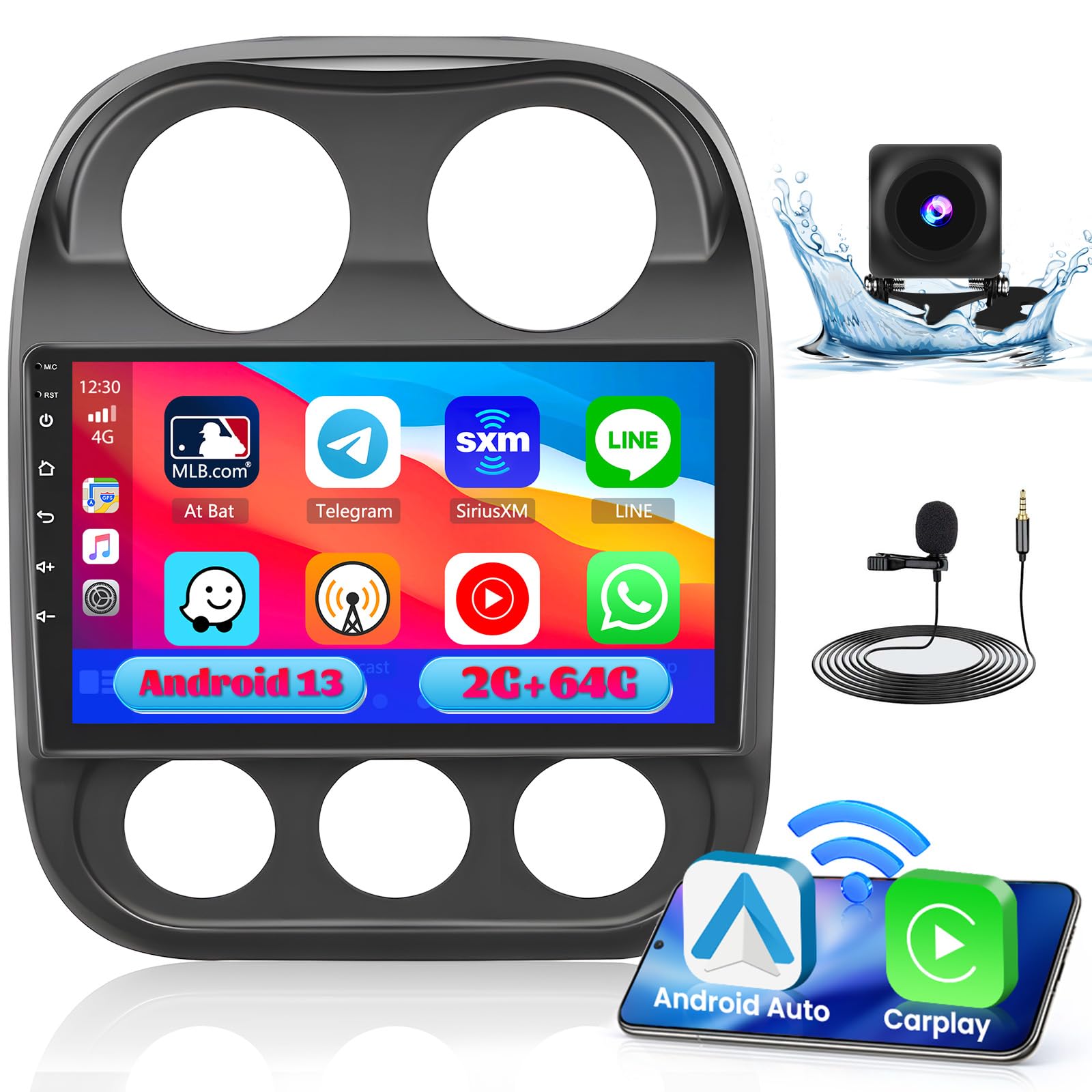 2GB RAM 64GB ROM Android 13 Car Stereo for 2010-2016 Jeep Compass & Patriot - 10.1
