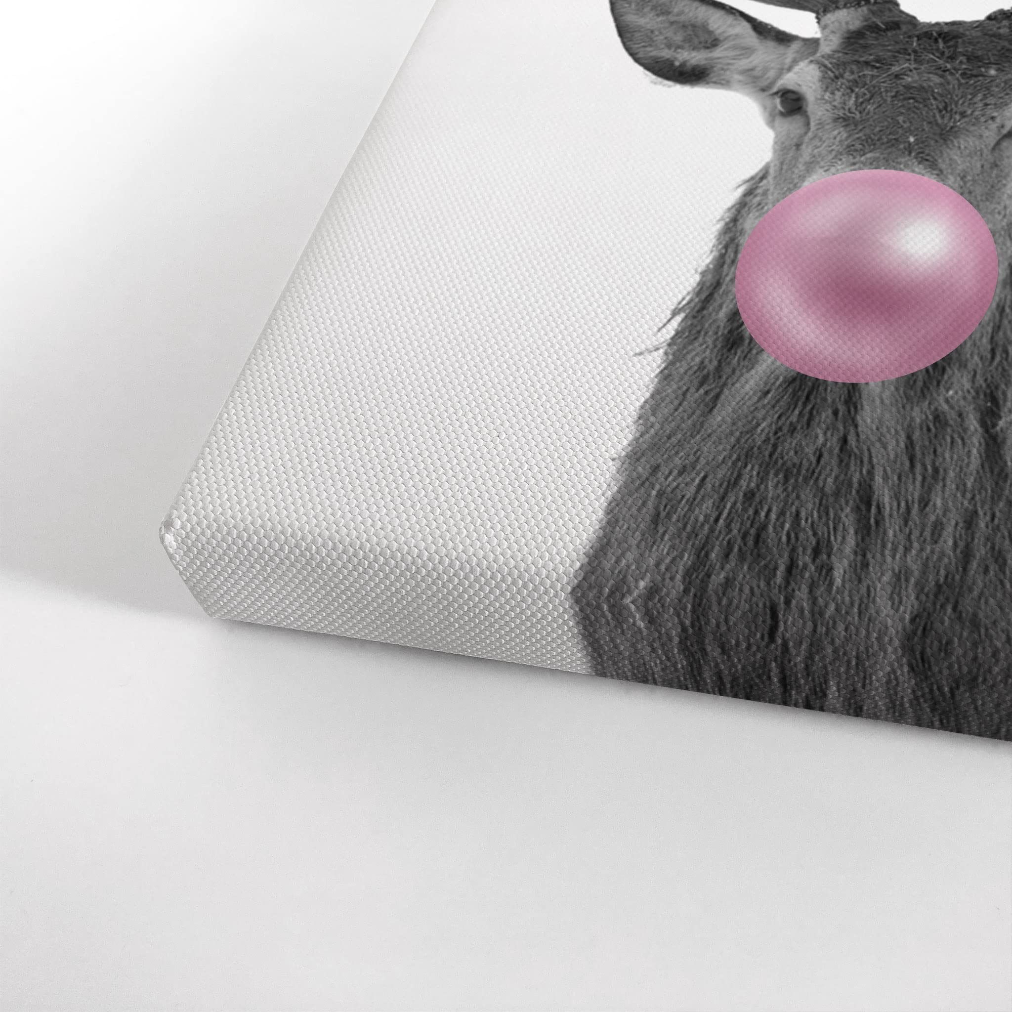 Smile Art Design Reindeer Animal Decor Bubble Gum Art Pink Canvas Print - Black and White Wall Art for Kids, Nursery Room Decor - Made in USA (40x30 Inches, Rolled) - Perfect for Baby Showers, Children's Bedrooms & Playrooms