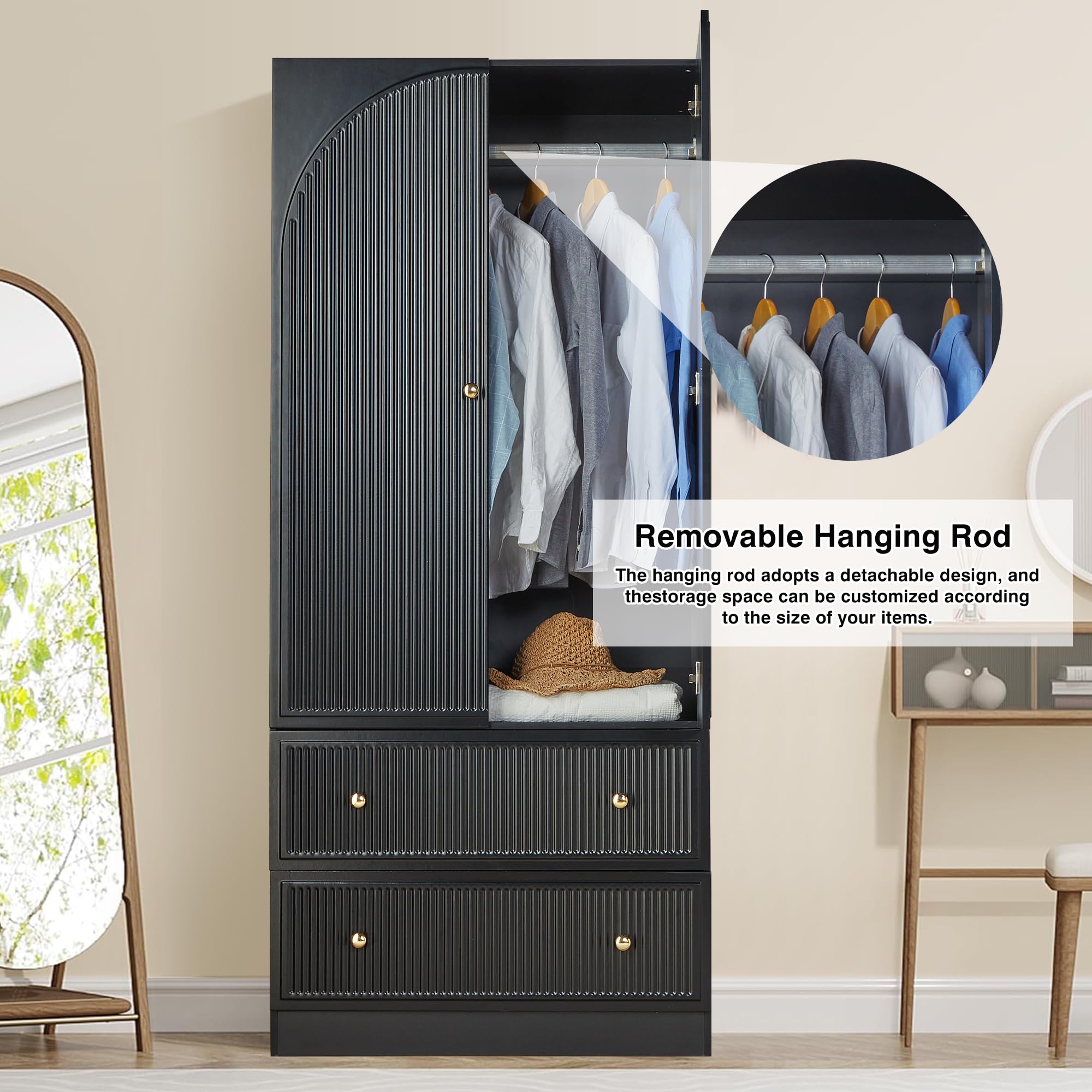ORRD Black Freestanding Armoire Wardrobe Closet - 2 Door Wooden Storage Cabinet with 2 Drawers, Large Capacity Bedroom Closet Organizer for Clothes, Shoes & Accessories | Perfect for Master Bedroom, Guest Room & Dormitory Storage