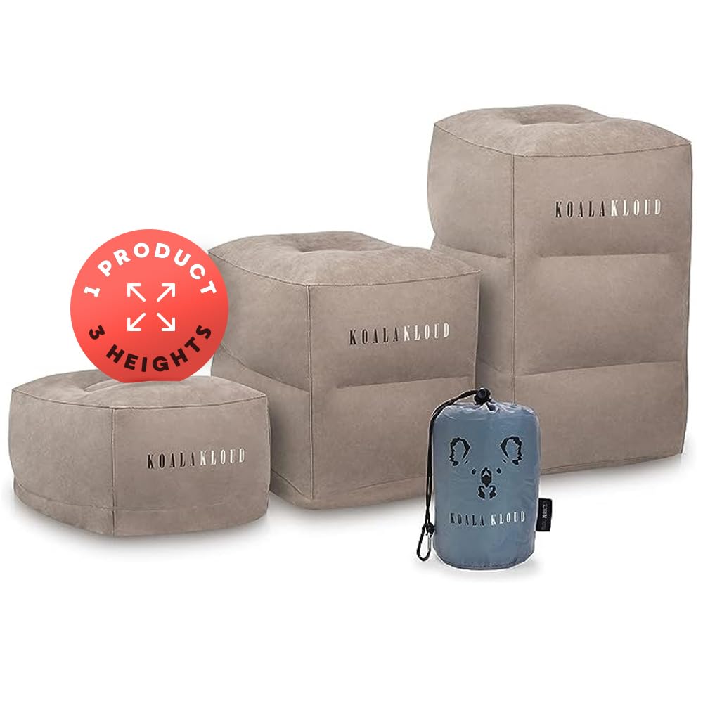 Koala Kloud 3-Height Adjustable Inflatable Travel Foot Rest Pillow - Gray Airplane Foot Rest for Adults & Kids, Portable Foot Support for Flights, Car Rides, Office & Home Use - Perfect Travel Accessory for Comfortable Long Trips