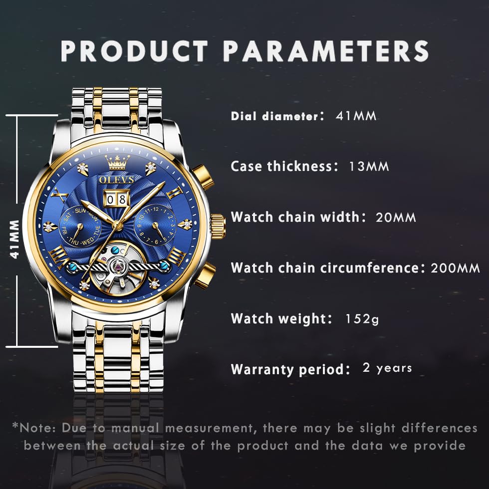 OLEVS Luxury Skeleton Automatic Mechanical Watch for Men - Self Winding, Diamond Accents, Luminous Hands, Waterproof - Perfect for Business, Formal Events & Everyday Wear