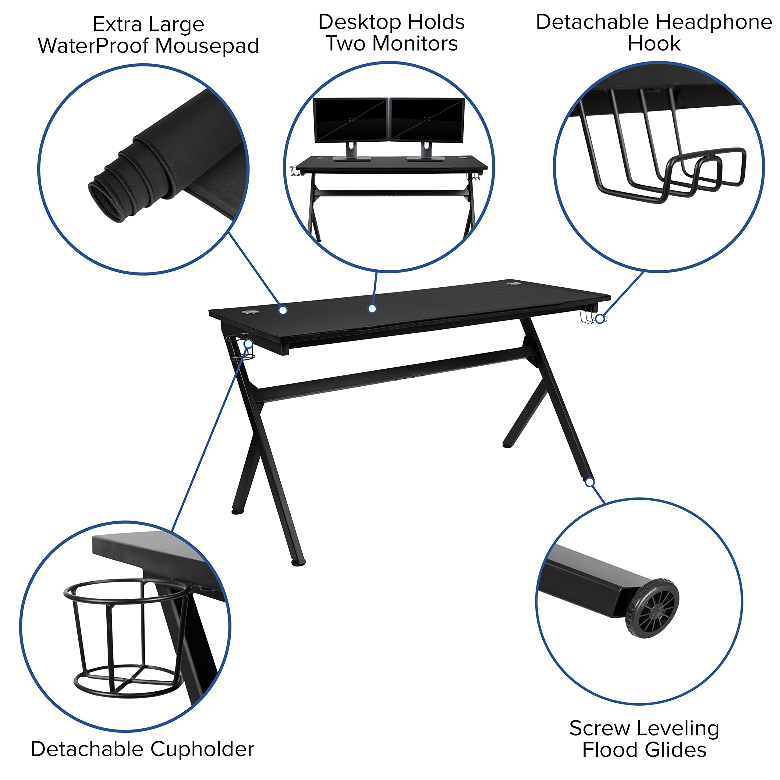 Flash Furniture Optis Gaming Desk with Cup Holder, Headphone Hook & Removable Mousepad | Ergonomic Gaming Chair with Adjustable Backrest, Armrests & Footrest - Perfect for PC Gaming Setup, Home Office & Esports Tournaments