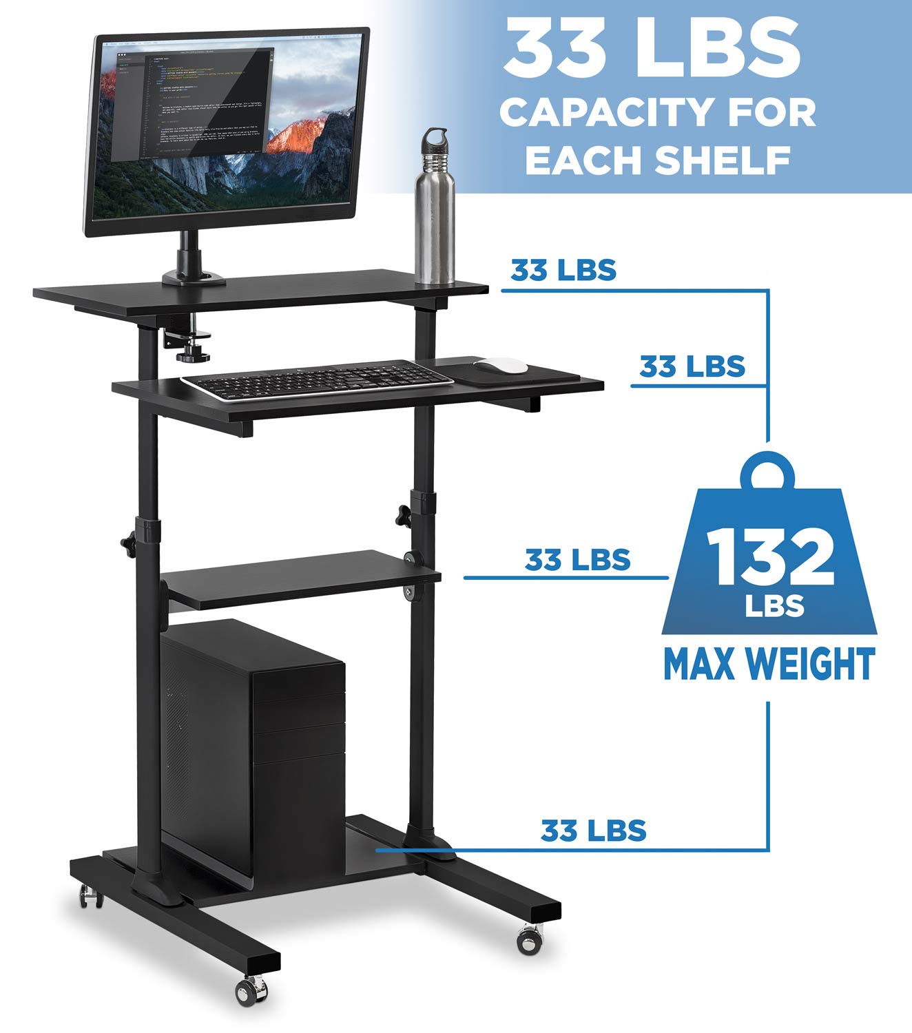 Mount-It! Adjustable Mobile Standing Desk Cart with Locking Wheels - 27.5