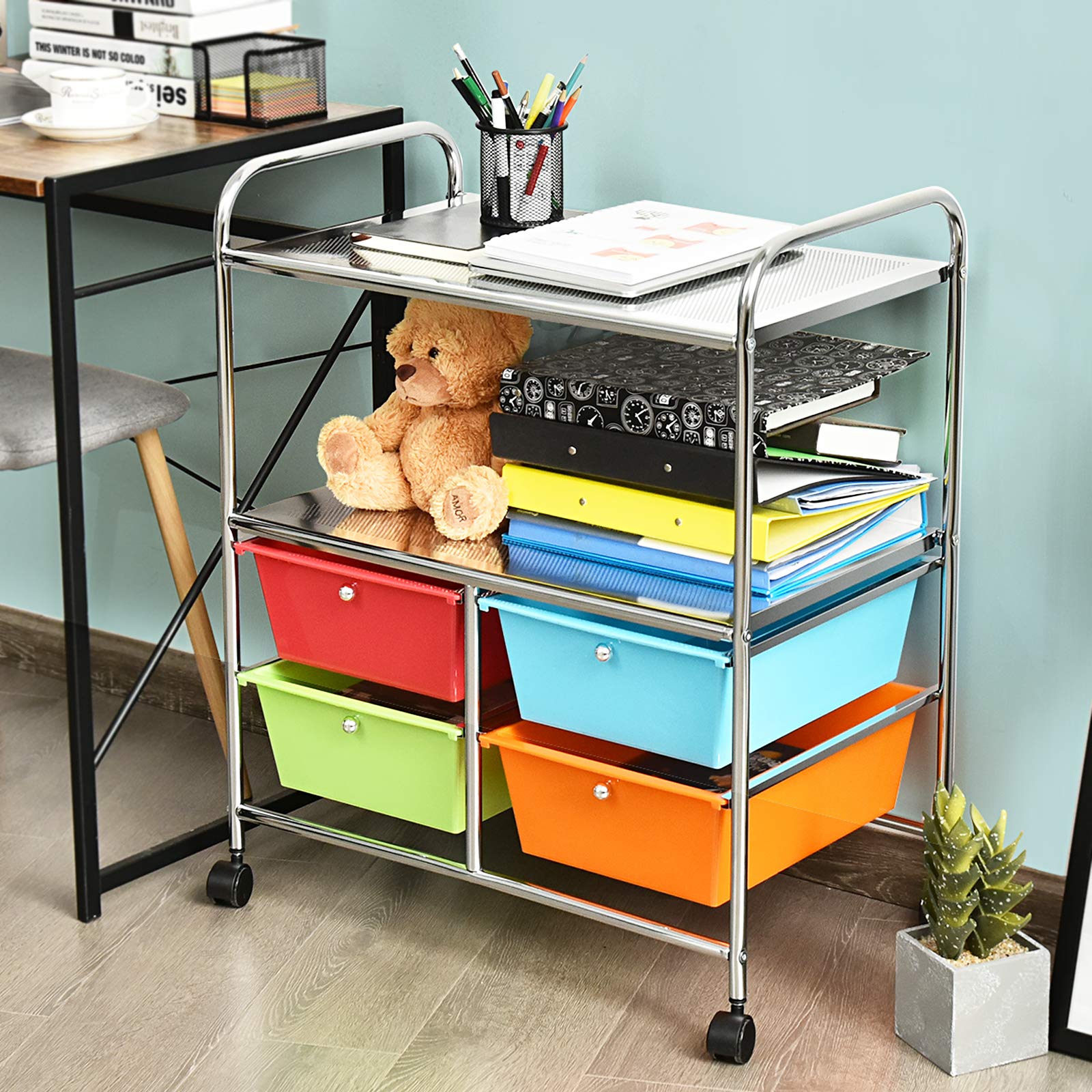 4-Drawer Rolling Cart with 2 Shelves - Mobile Storage Organizer for Home Office & Salon