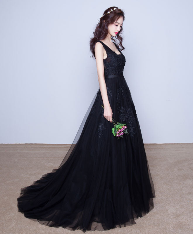 Elegant Black V-Neck Tulle Lace Prom Dress - Long Sleeve Evening Gown for Formal Events, Homecoming, and Special Occasions