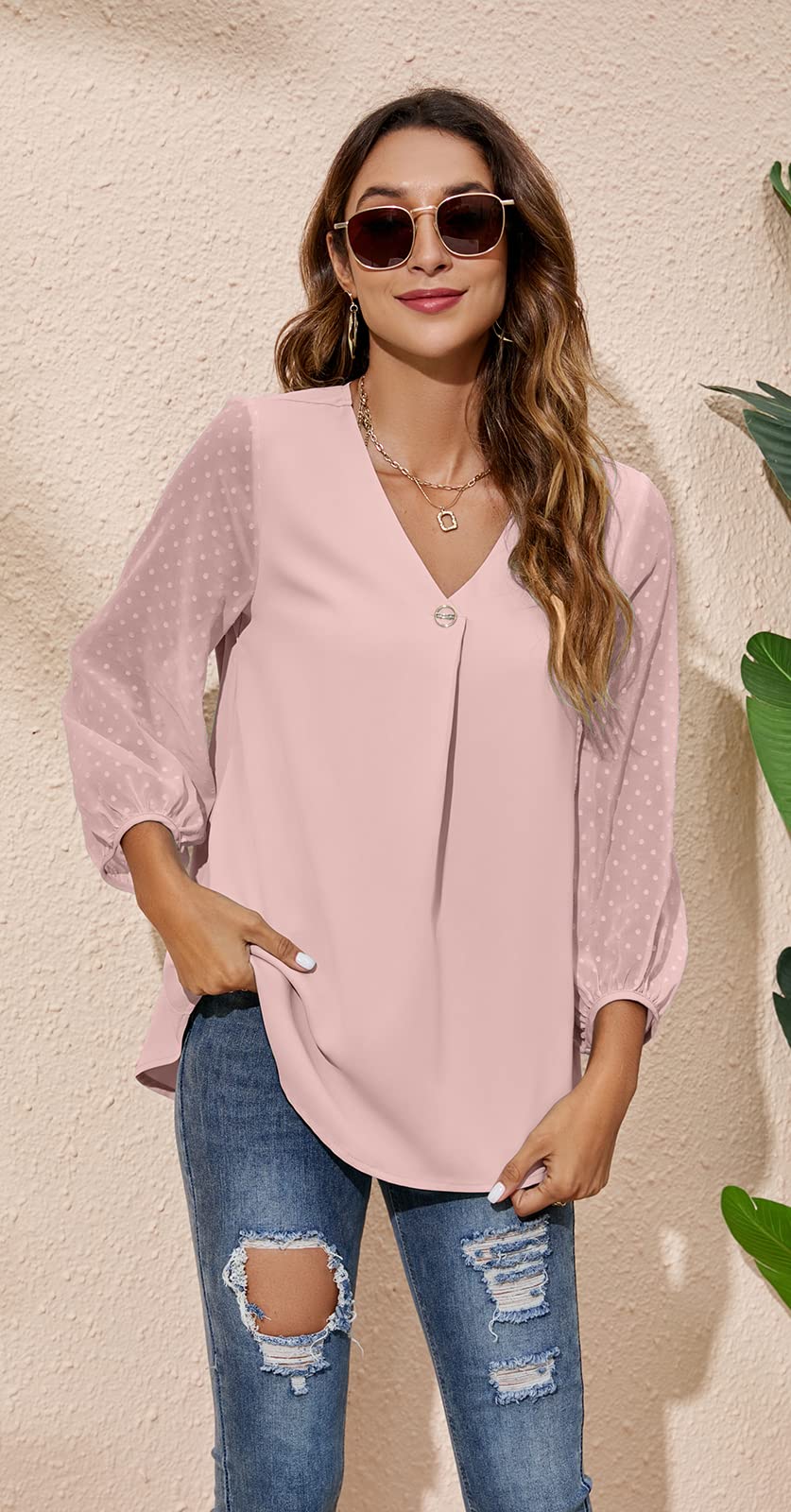 POGTMM Women's Summer Chiffon Blouse - Floral V-Neck 3/4 Sleeve Loose Tunic Top for Casual & Business Wear | Office, Dating, Party Outfit