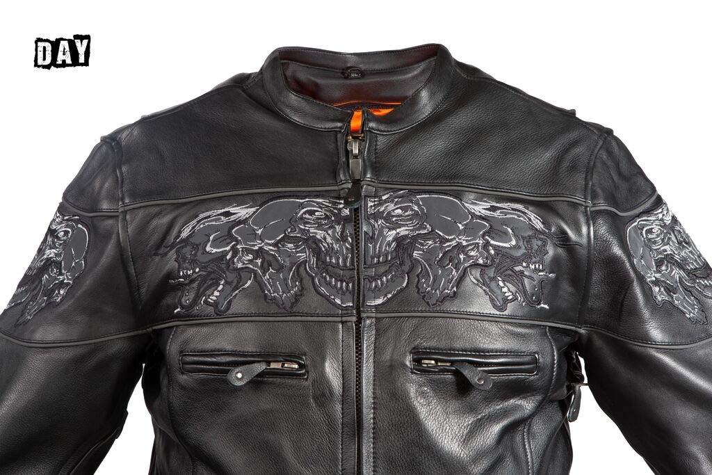 Men's High Visibility Reflective Skull Motorcycle Jacket - Savage Gun Pocket Leather Biker Jacket for Riding, Night Safety & Urban Fashion