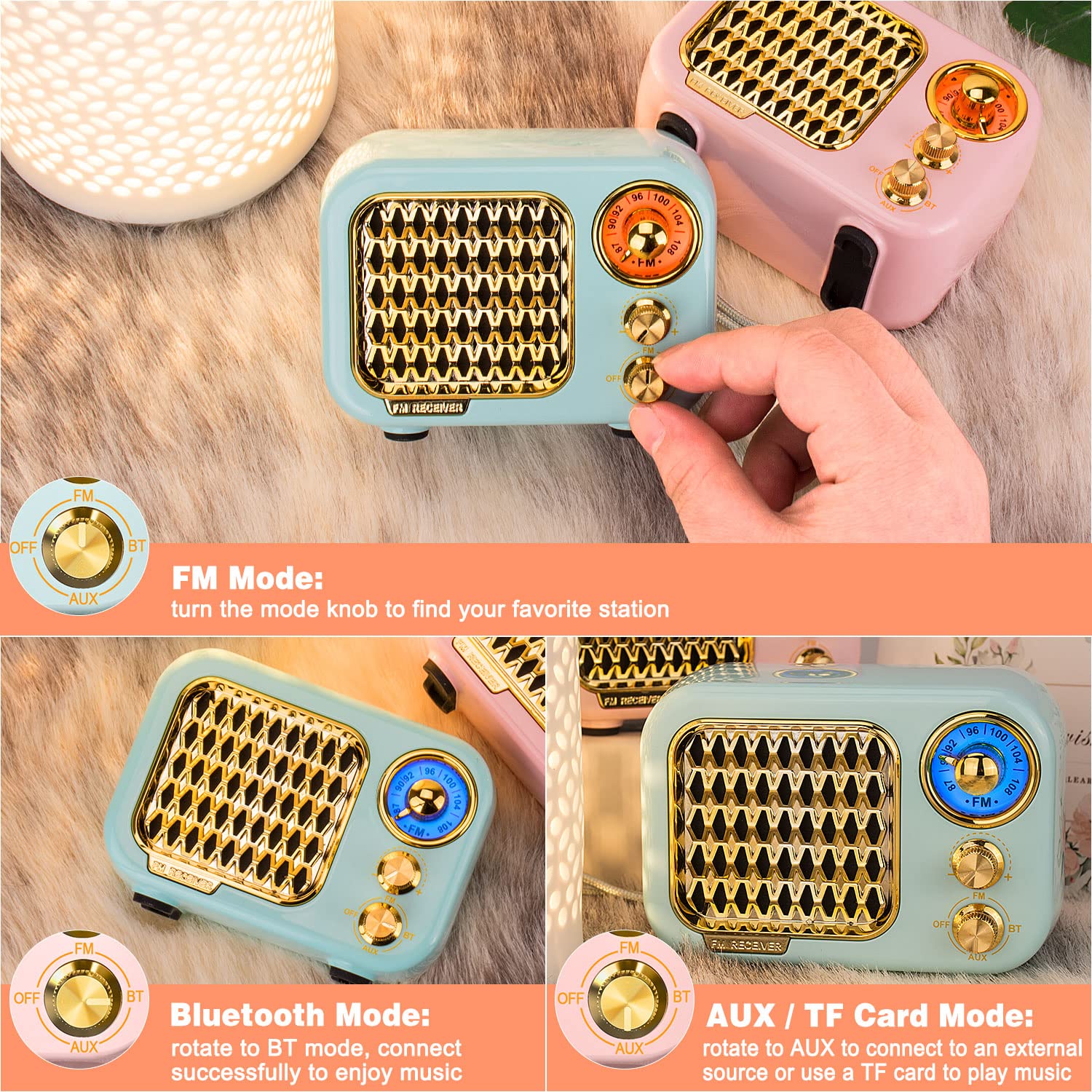 Tendak Portable FM Retro Bluetooth 5.1 Radio with 5W Hi-Fi Speaker, 1000mAh Rechargeable Battery, TF Card/AUX/USB MP3 Player - Perfect for Travel, Camping, Outdoor Adventures & Home Use