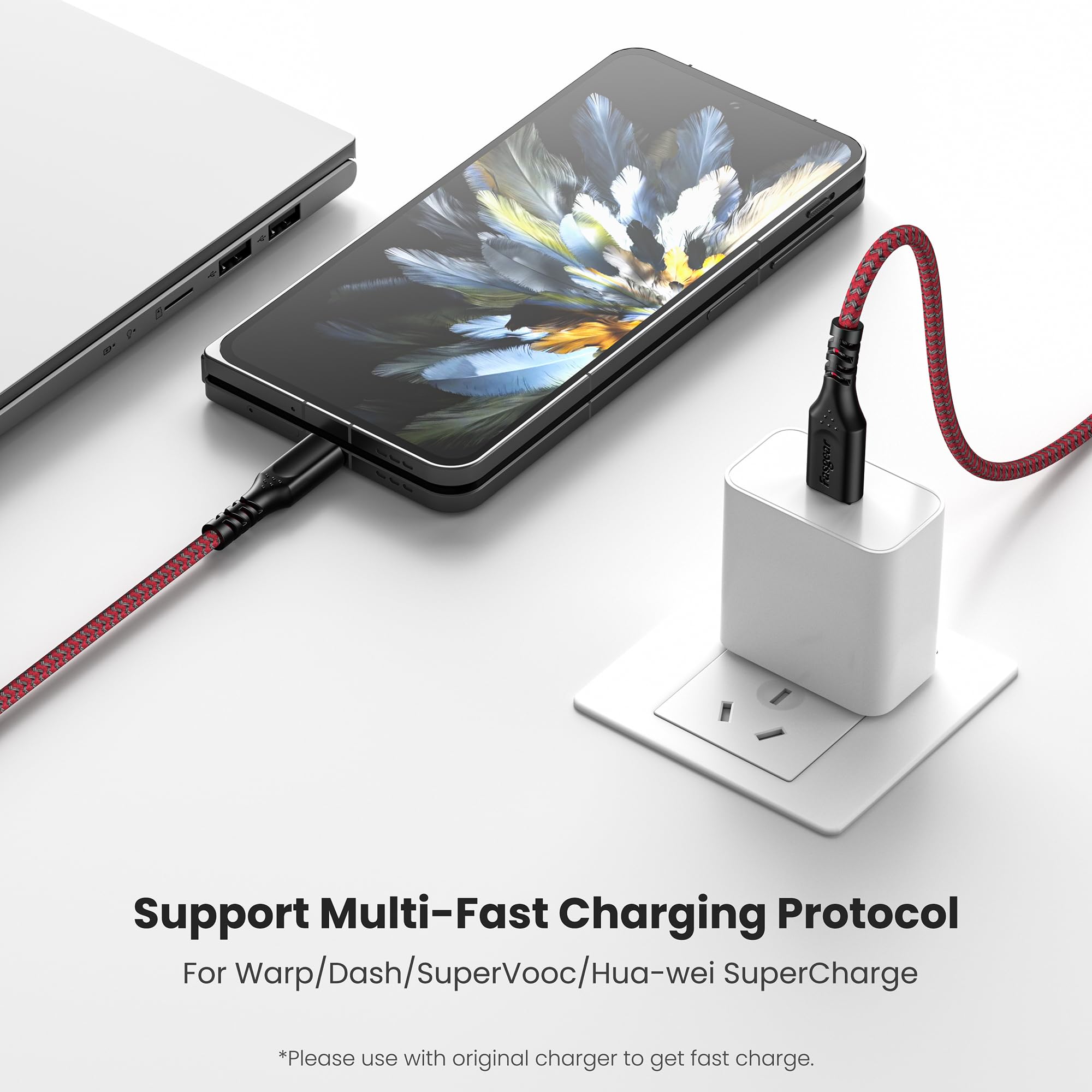 Fasgear 6ft USB C Fast Charging Cable for OnePlus 7 Pro/7T/6T/5T/3T - 30W Dash Charge Nylon Braided Type-C Cable (Red) | Perfect for Home, Office & Travel Charging