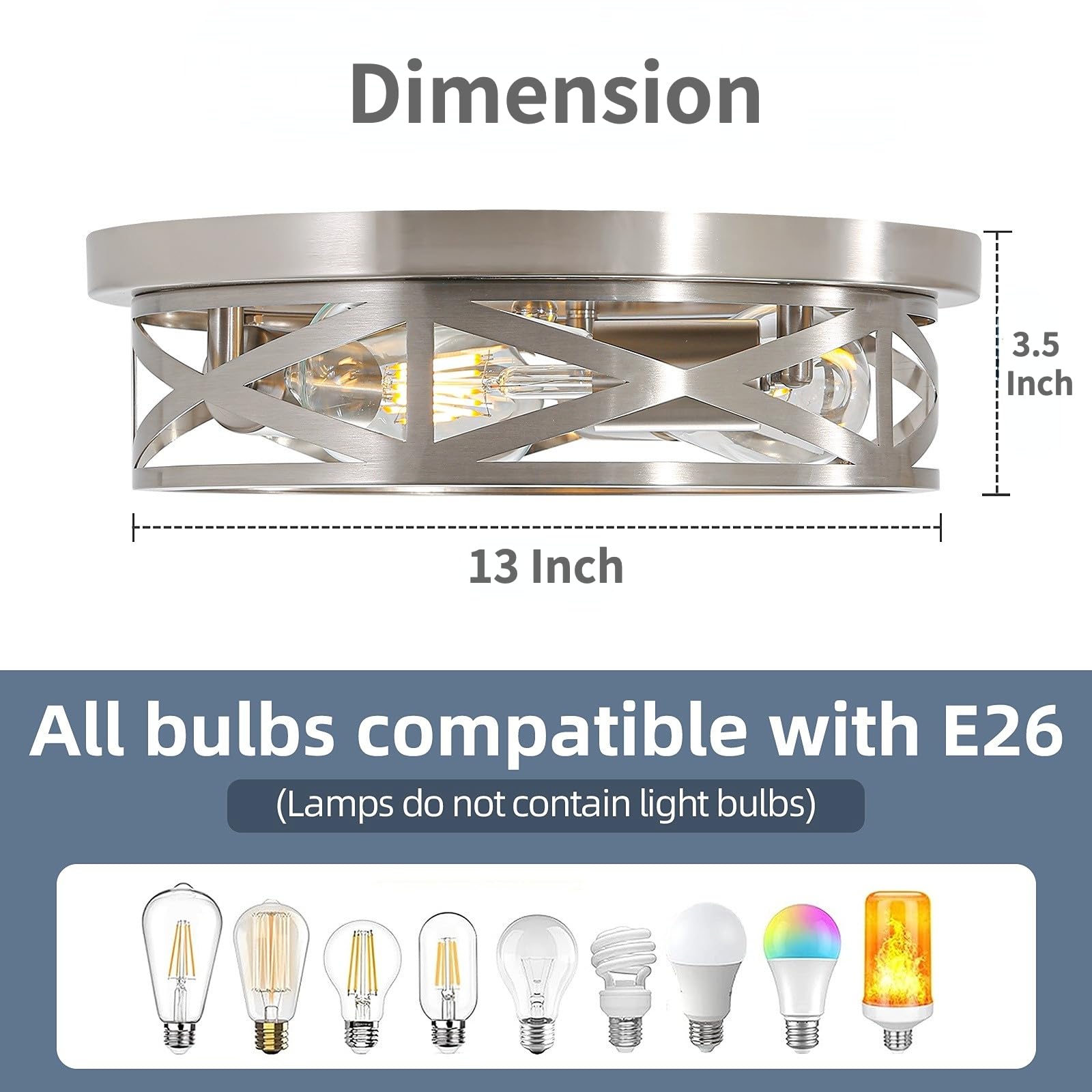 3-Light Brushed Nickel Flush Mount Ceiling Fixture - 13 Inch Modern Metal Cage Cross Ceiling Light for Kitchen, Bedroom, Bathroom, Laundry, Hallway & Office - Dimmable Indoor Lighting for Home & Commercial Spaces