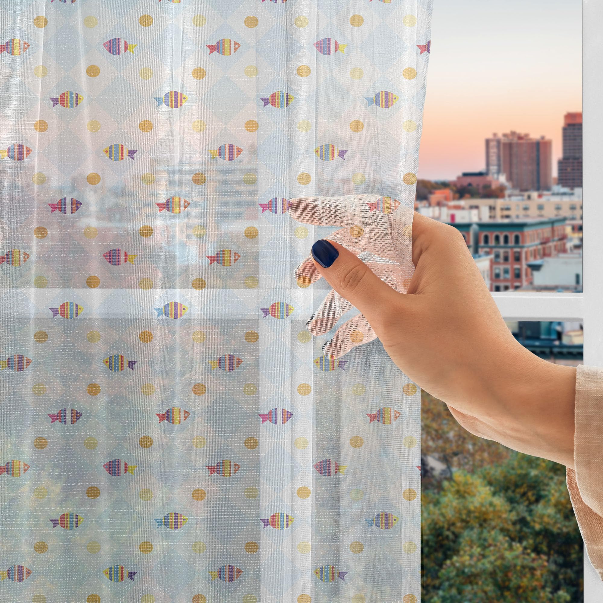 Ambesonne Fish Cartoon Tulle Curtains - Aquarium Themed Sheer Drapes with Geometric Print, Rod Pocket Design for Windows, 108