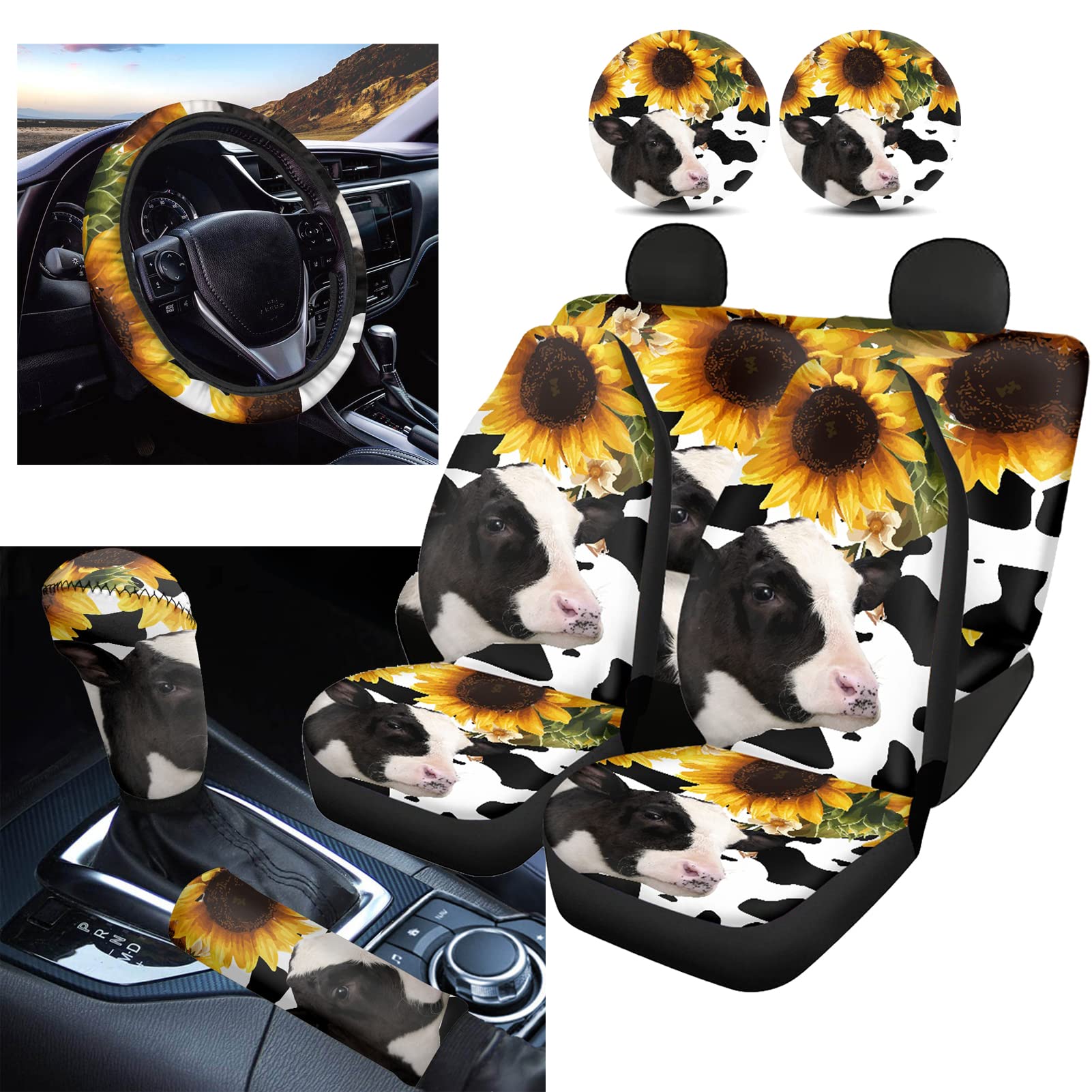Belidome Sunflower Cow Print Car Seat Covers Set with Steering Wheel Cover, Shift Knob & Handbrake Protector - 9-Piece Universal Fit Auto Interior Accessories for Cars, SUVs & Trucks - Perfect for Road Trips & Daily Commutes