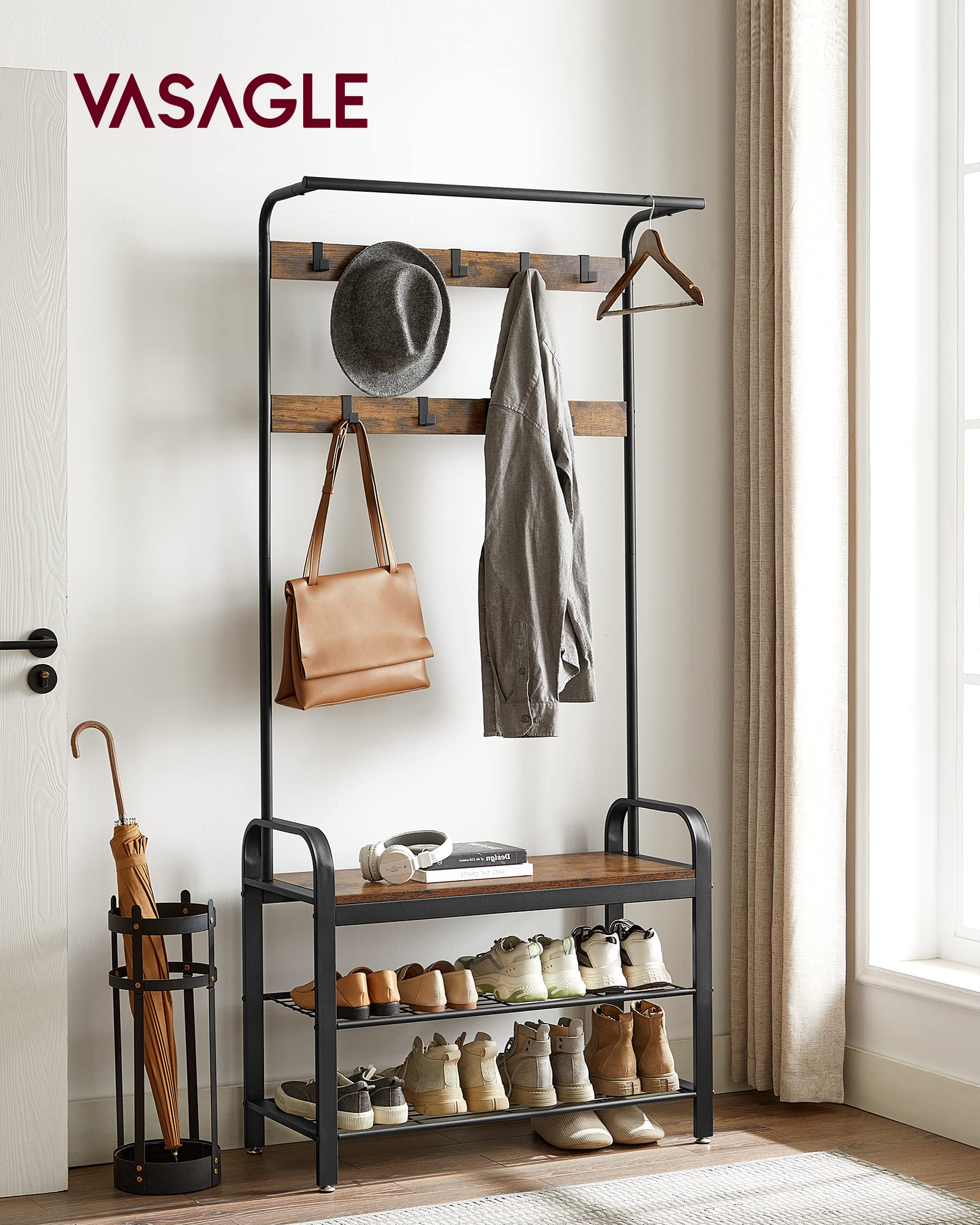 VASAGLE 4-in-1 Hall Tree with Shoe Bench, Coat Rack & 9 Removable Hooks - Rustic Brown & Black Entryway Organizer for Shoes, Coats & Bags - Perfect for Small Spaces, Apartments & Mudrooms (33.1 x 13.3 x 72.1 Inches) UHSR400B01