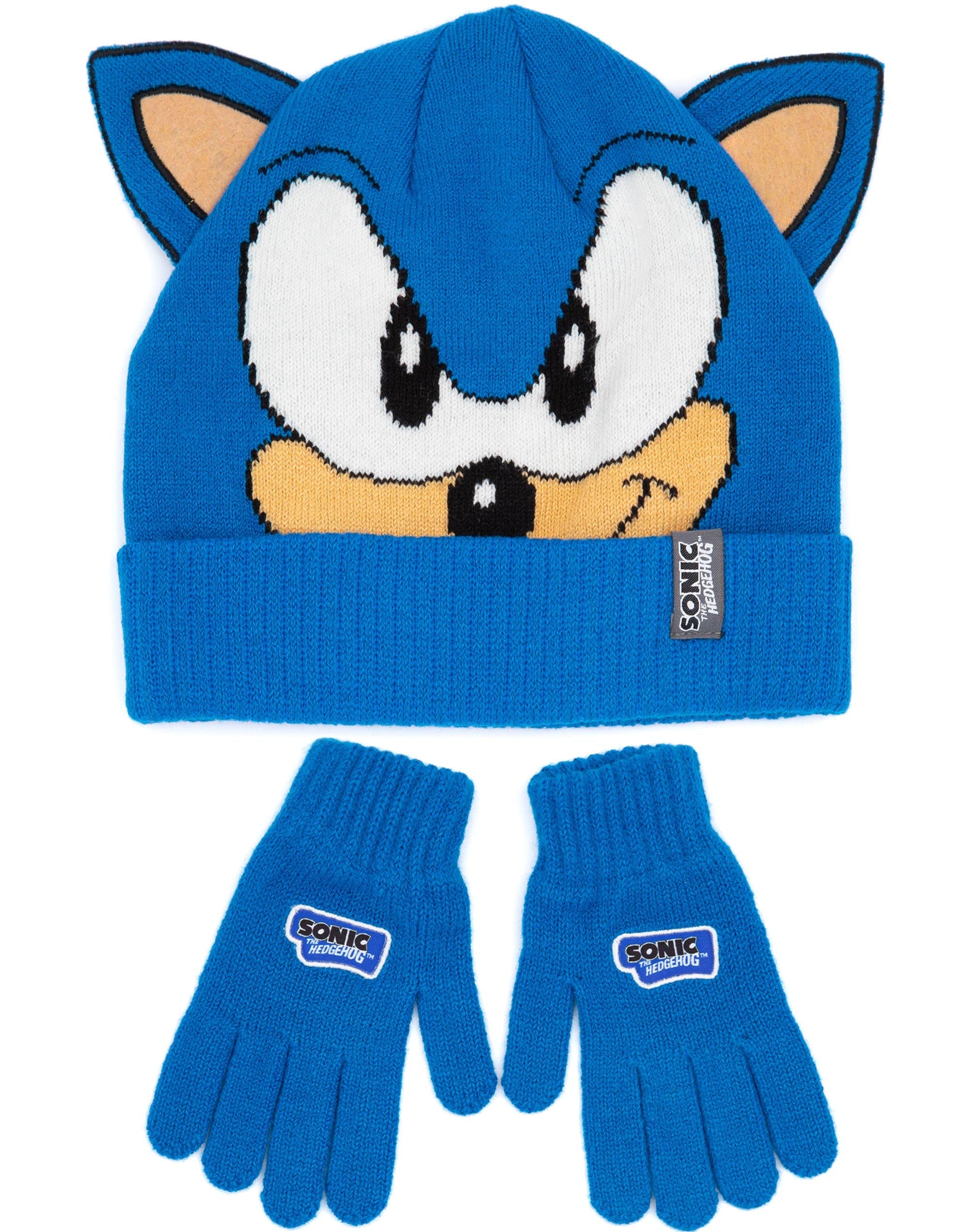 Sonic The Hedgehog Kids Winter Hat with 3D Ears & Gloves Set - Blue Knitted Beanie for Boys & Girls - Perfect for Cosplay, Halloween, and Cold Weather Outfits