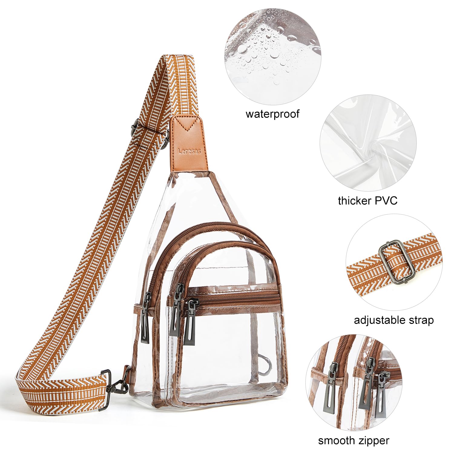 Leresas Clear Sling Bag - Stadium Approved Transparent Crossbody Purse for Women & Men - Lightweight Clear Backpack Fanny Pack for Concerts, Sports Events & Travel (Brown/See-Through) - Perfect for Security Checks, Theme Parks & Outdoor Adventures
