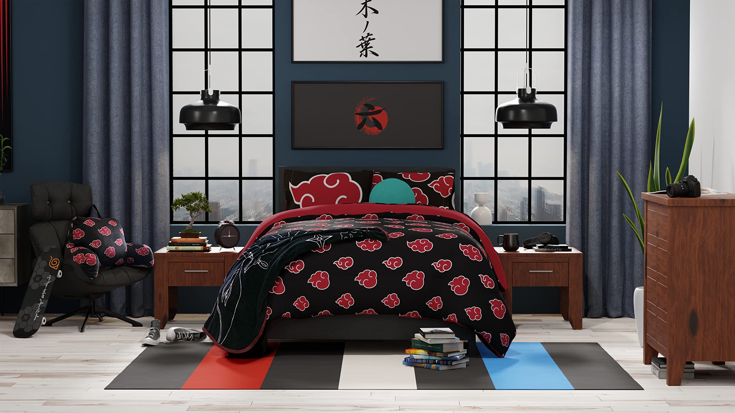 Naruto Akatsuki Cloud Pattern Microfiber Comforter Set - Official Licensed Anime Bedding for Twin Size - Soft & Cozy for Anime Fans' Bedroom Decor
