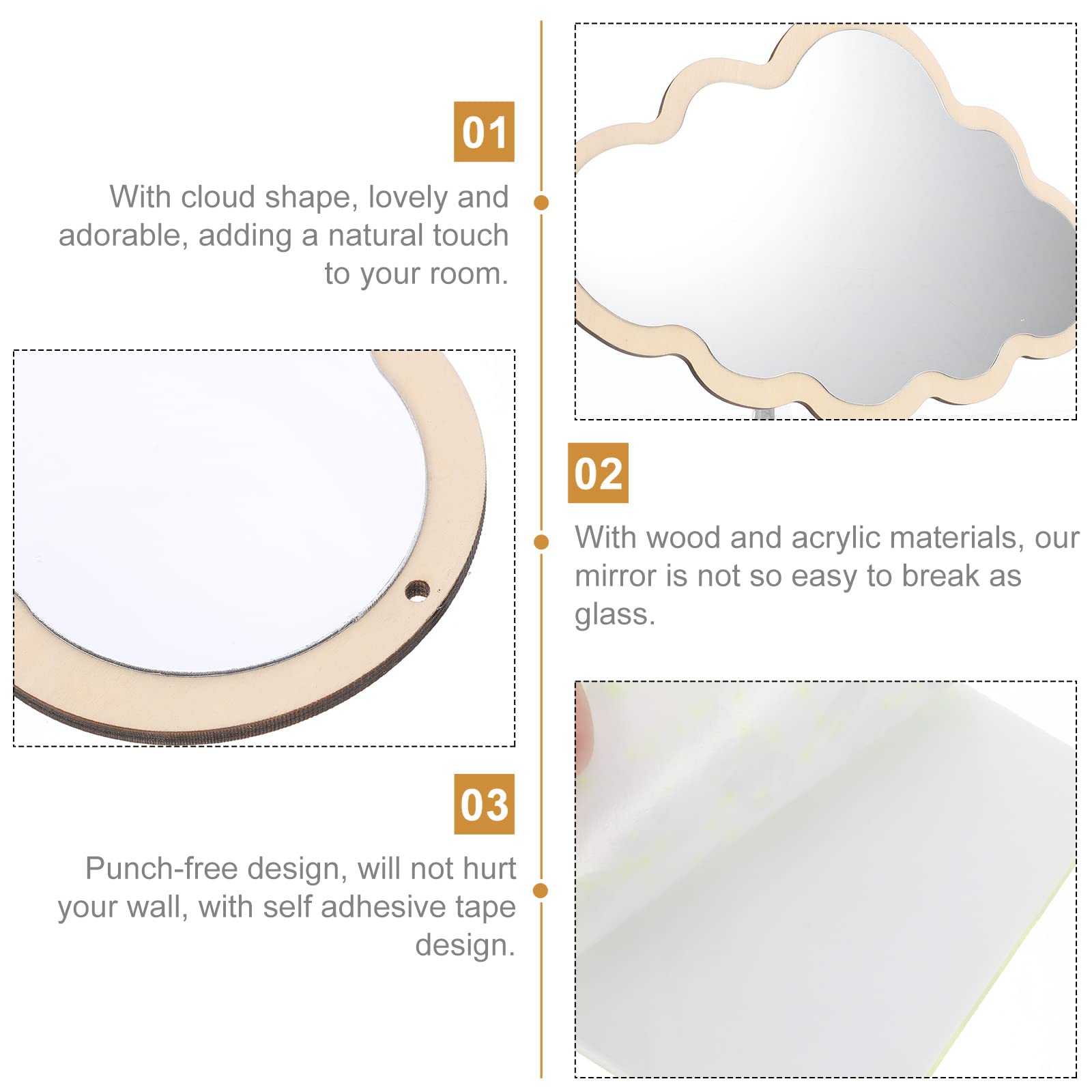 EXCEART Cloud Shaped Wooden Mirror - Decorative Wall Sticker & Tabletop Mirror for Home Decor, Kids Room, DIY Crafts, and Photo Props - Safe Non-Glass Design for Nursery & Playrooms