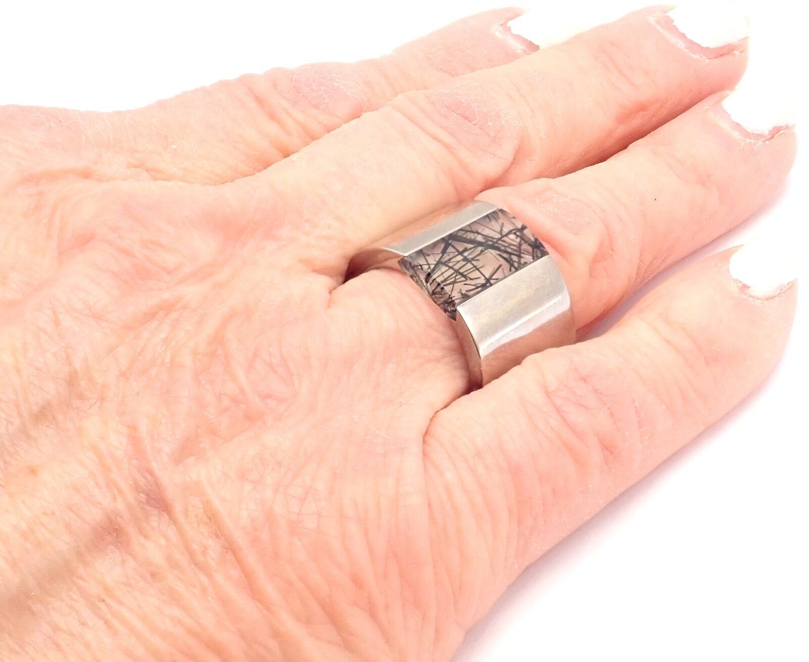 Authentic Cartier 18k White Gold Rutilated Quartz Wide Band Ring Size 7 (US) - Luxury Wedding Jewelry & Anniversary Gift for Women
