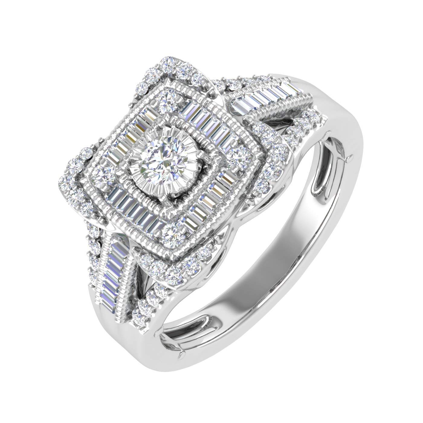 1/2 Carat Round & Baguette Diamond Halo Engagement Ring in 10K Gold - Elegant Cushion Shape for Wedding, Proposal & Anniversary Gifts
