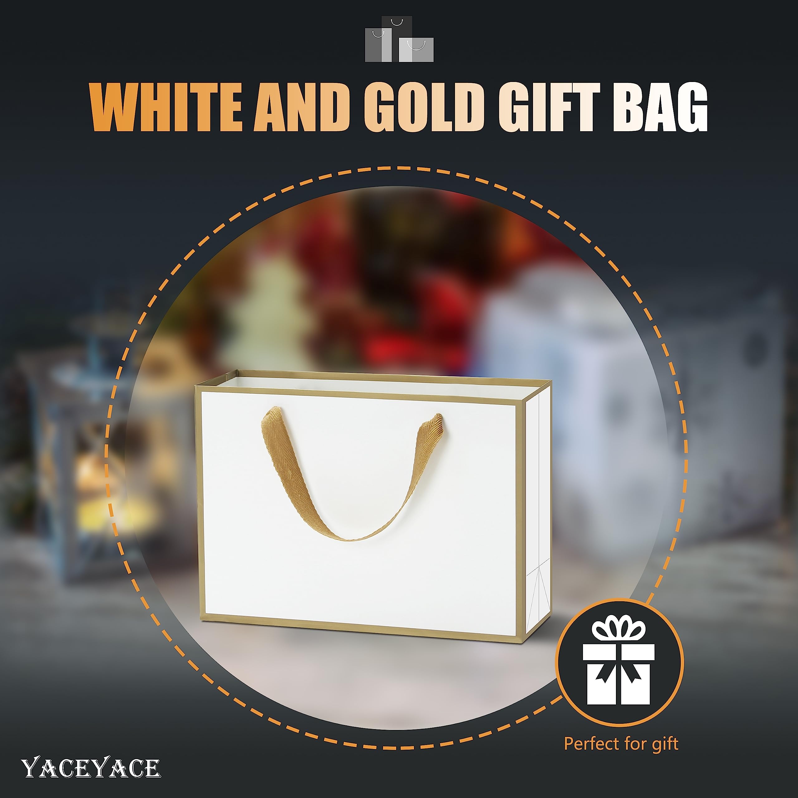 YACEYACE 10Pcs Medium White Gift Bags with Gold Frame & Ribbon Handles - 10.5x4x8 Inches Bulk Party Favor Bags for Birthday, Baby Shower, Wedding, Retail Boutique & Holiday Gift Wrapping