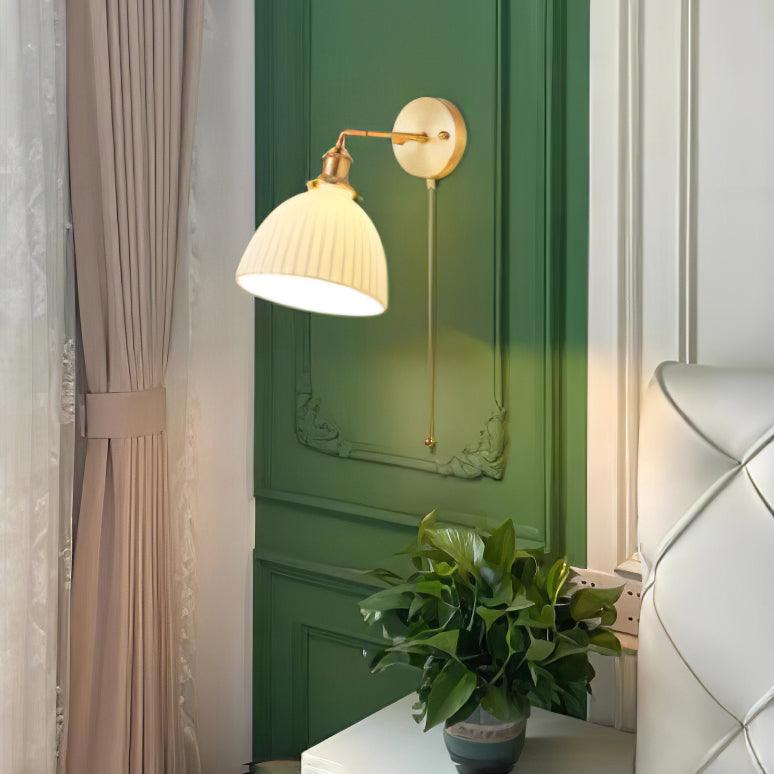 Brass Pleated Ceramic Wall Lamp - Vintage Style Sconce Lighting for Bedroom, Living Room & Hallway