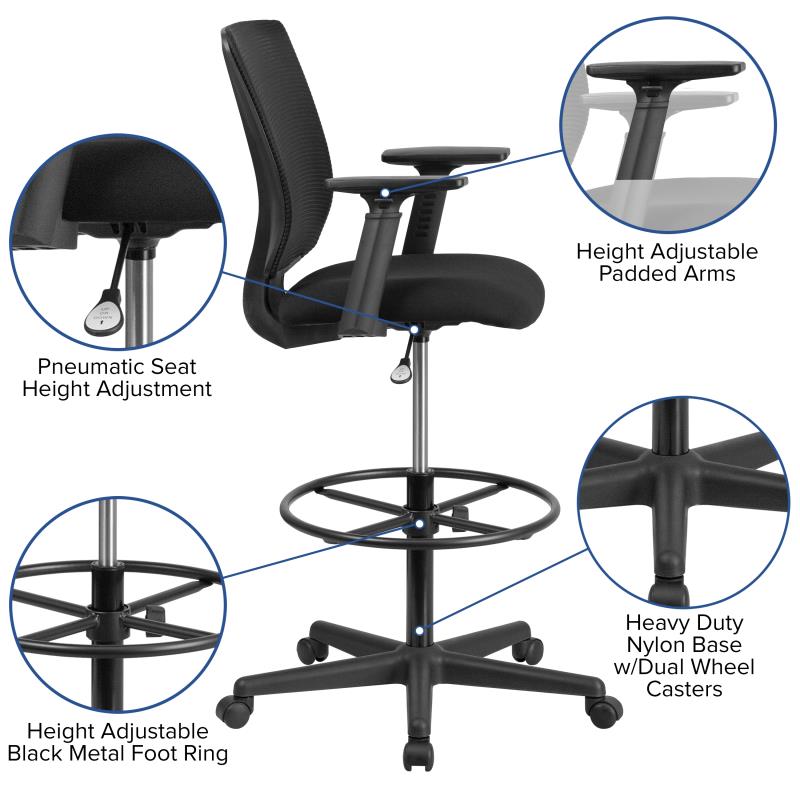 FLASH Harper Ergonomic Mid Back Mesh Office Chair with Adjustable Foot Ring & Arms - Black Fabric Seat for Home Office, Drafting Desk, Computer Workstation & Gaming Setup