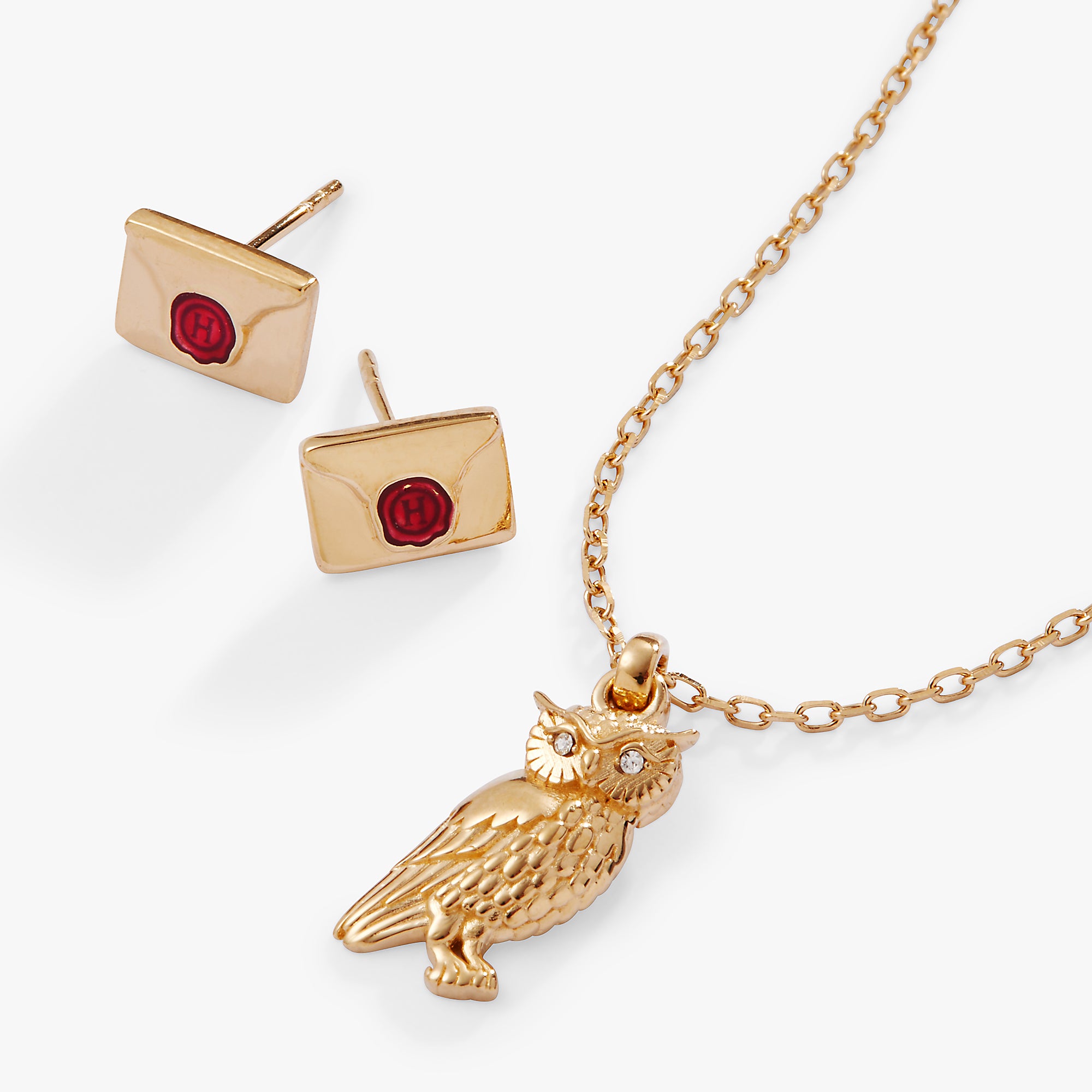Harry Potter™ Owl and Hogwarts Letter Necklace & Earrings Set - 14K Gold Plated Jewelry for Women - Perfect for Cosplay, Gift Giving, and Harry Potter Fans