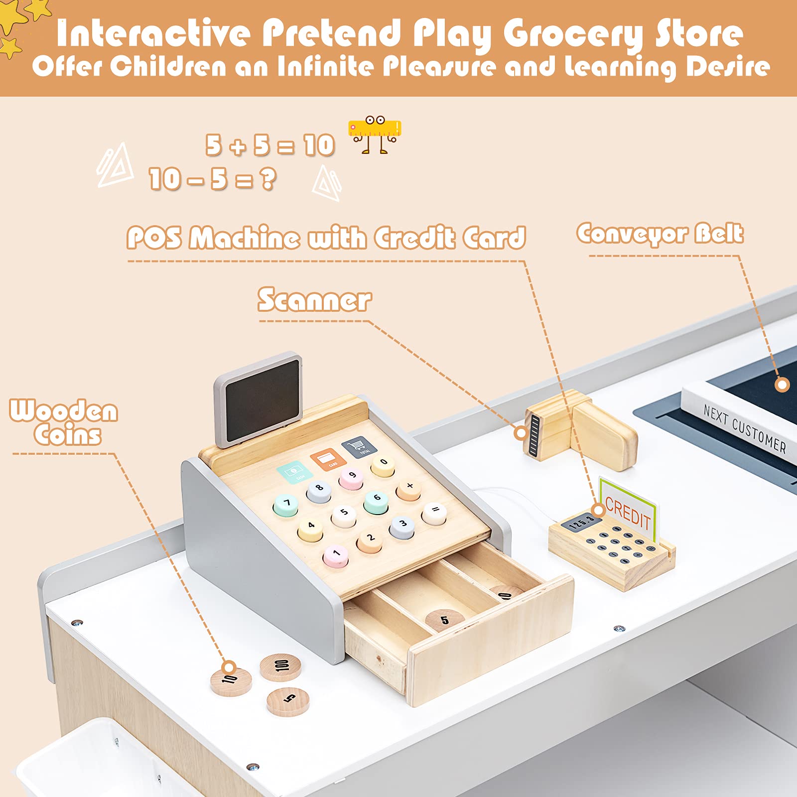 HONEY JOY Wooden Grocery Store Playset for Kids - Pretend Play Supermarket Toy with Shopping Cart, Cash Register, Chalkboard & Play Coins - Educational Role Play Toy for Toddlers & Preschoolers (Play Food Not Included) - Perfect for Home, Classroom & Daycare Pretend Play Activities