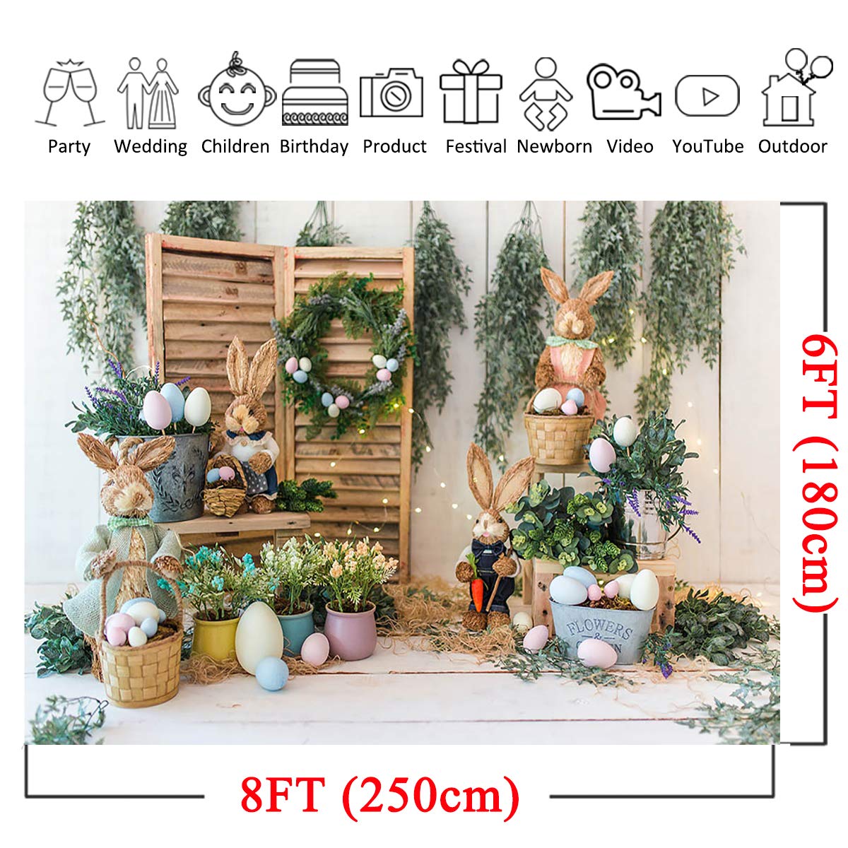 Easter Backdrop Spring Bunny Decorations - 8x6ft Happy Easter Party Photo Background for Newborn Kids Portrait, Birthday Photography, Easter Egg Wreath Decor - Perfect for Easter Celebrations, Spring Parties & Family Gatherings