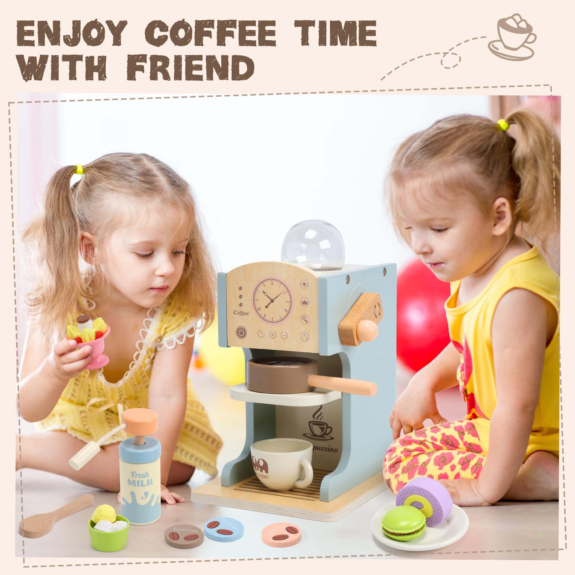 **Wooden Toy Coffee Maker for Kids - Pretend Play Kitchen Set with Coffee Shop Accessories & Toy Desserts - Educational Role Play Toys for Toddlers, Girls & Boys - Perfect for Home, Classroom & Playdates**