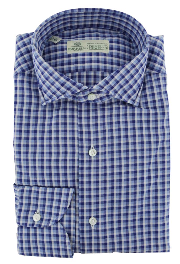 Luigi Borrelli Men's Plaid Blue Cotton Button Down Dress Shirt - Medium 15.5/39 Neck Size - Perfect for Business Casual & Office Wear