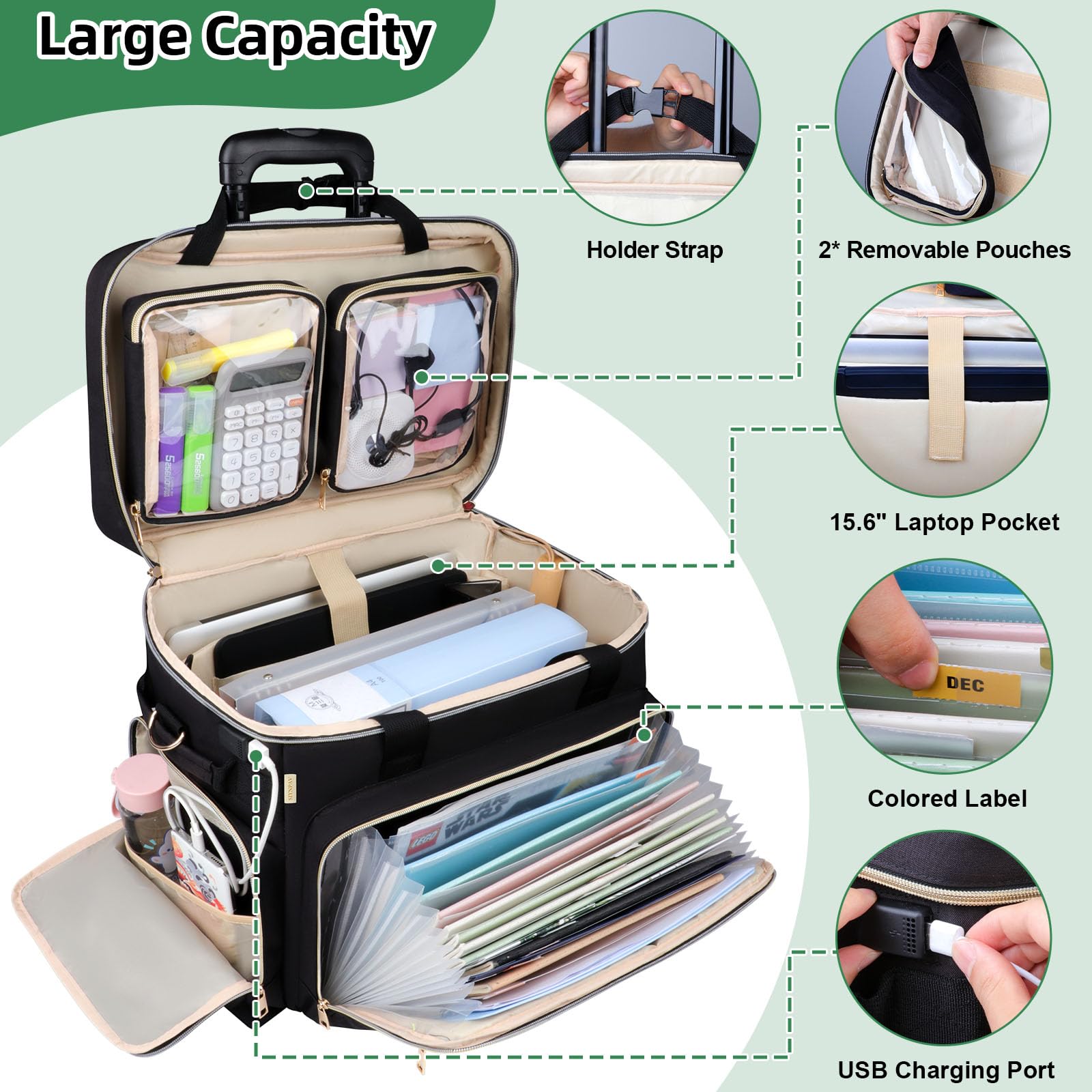 Rolling Teacher Bag with Accordion File Organizer & USB Charging Port - 15.6 Inch Laptop Compartment Wheeled Tote with Detachable Trolley for School Supplies & Office Organization (Black) - Perfect for Teachers, Professors & Educators on the Go