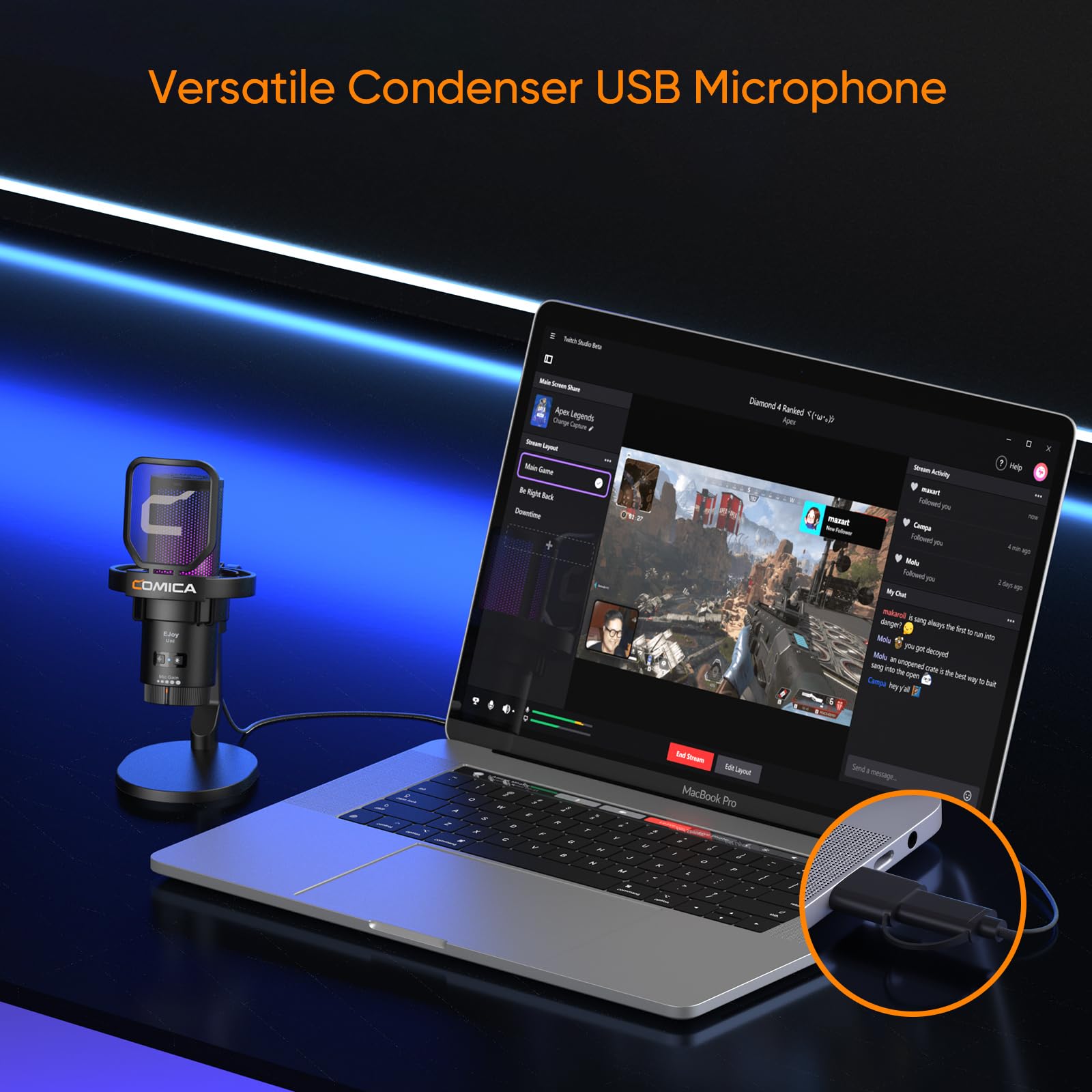 COMICA EJoy Uni USB Gaming Microphone for PC, PS4, PS5 & Mac - RGB Streaming Mic with Noise Cancellation for Twitch, YouTube, Podcast & Recording - Adjustable Gain, Mute & Monitoring - Perfect for Gaming, Live Streaming & Home Studio Setup