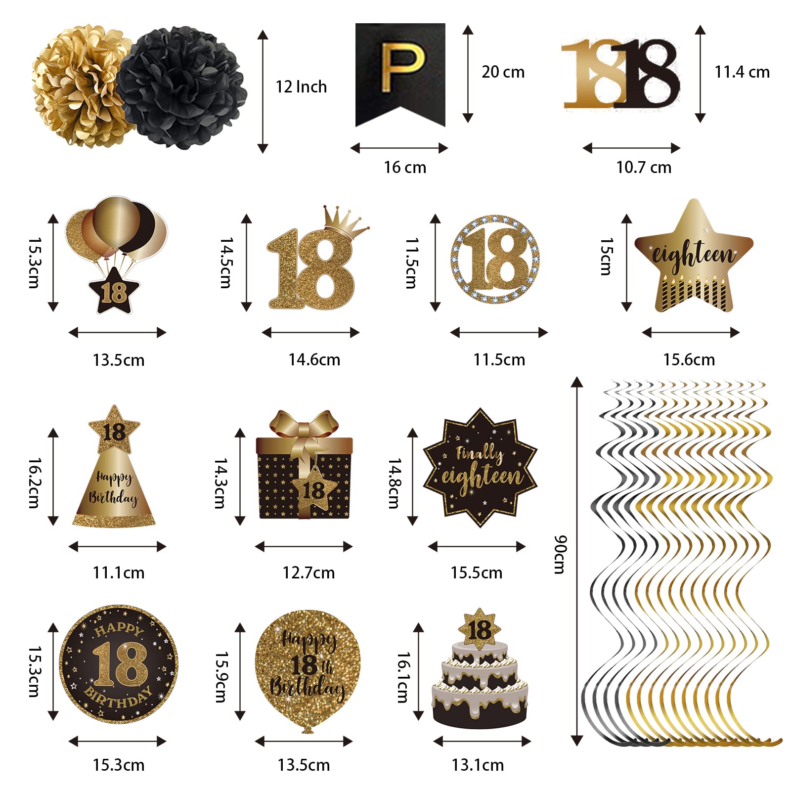 BRT Bearingshui Black & Gold 18th Birthday Party Decorations Set - Hanging Swirl Streamers, Tissue Pom Poms & Banner for 18 Years Old Celebration | Perfect for Birthday Backdrops, Milestone Parties & Adult Birthday Decor