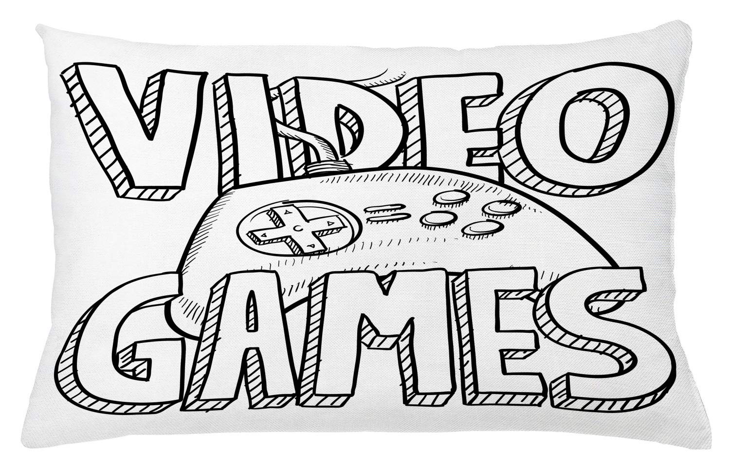 Lunarable Doodle Style Video Game Controller Sketch Throw Pillow Cover - 26x16 Inch Decorative Square Cushion Case in Black & White - Perfect for Gaming Rooms, Living Room Decor & Gamer Gifts