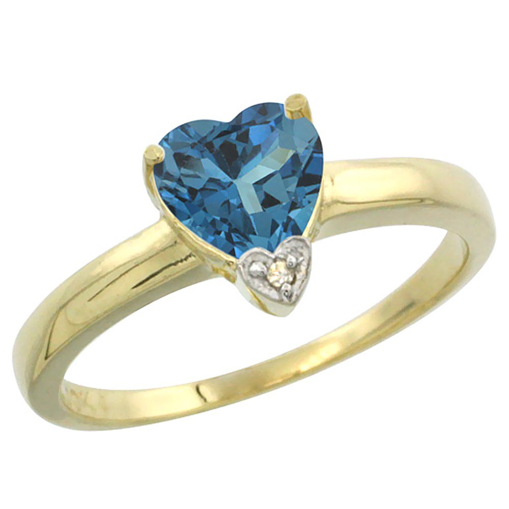 14K Yellow Gold Natural London Blue Topaz Heart Pendant with Diamond Accent 7x7mm - Sizes 5-10 - Perfect for Valentine's Day, Anniversary & Birthday Gifts