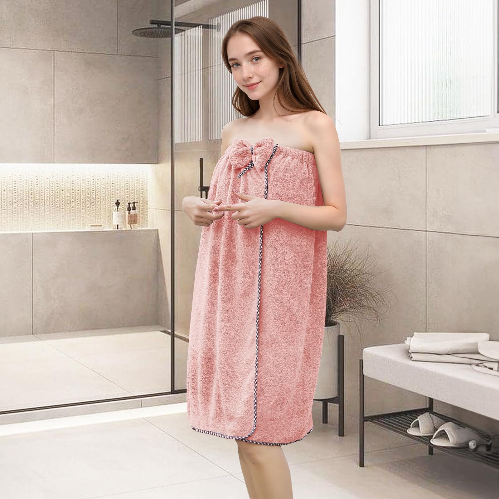 GOSCHE Women's Adjustable Shower Wrap Towel - Soft Bath Towel Nightgown for Sauna, Beach, Pool, Gym & Travel - Perfect for Home, Hotel & Spa Use - Pink