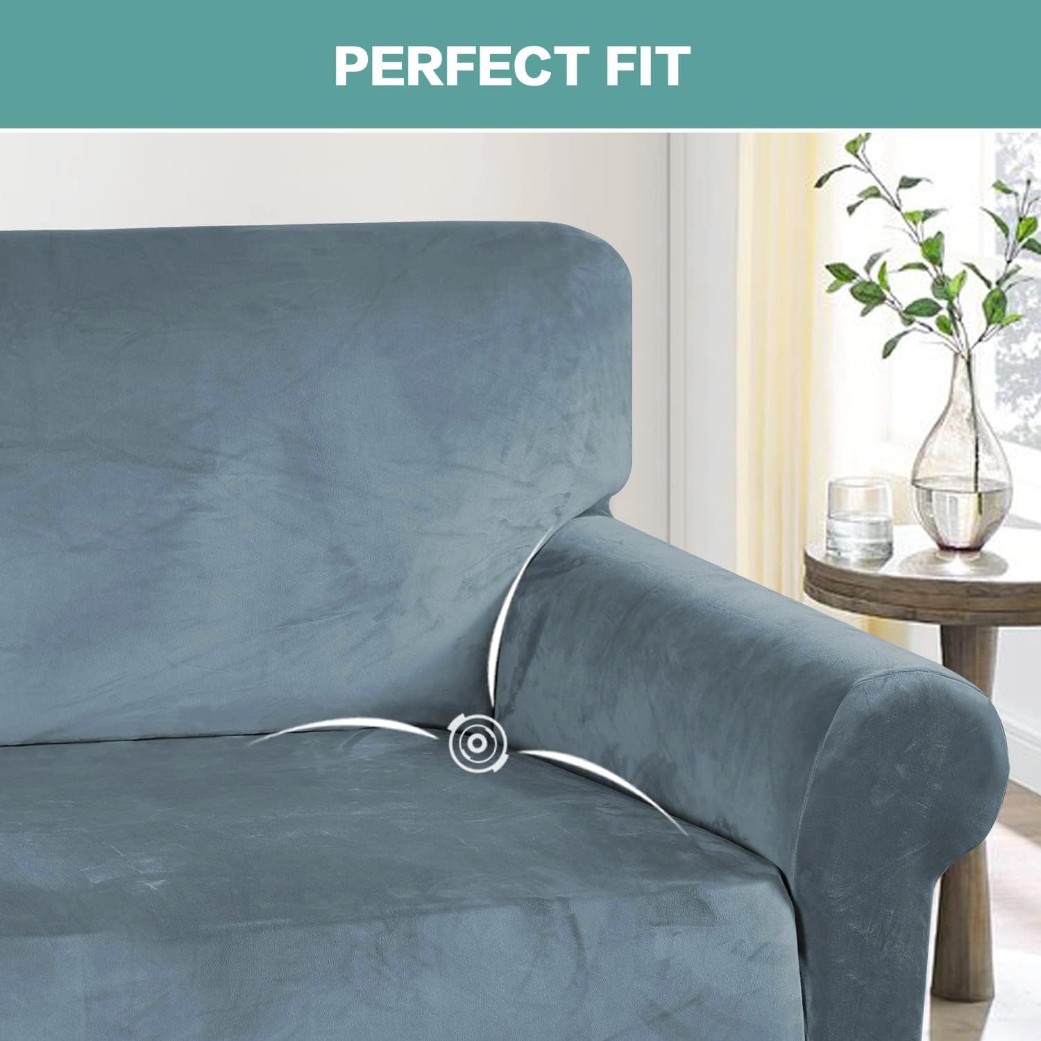 **Turquoise Velvet Sofa Cover for 3-Cushion Couch - Stretchable Slipcover with Non-Slip Elastic Bottom, Soft Thick Velvet Fabric, Pet & Furniture Protector (Stone Blue) - Perfect for Living Room, Home Decor & Pet-Friendly Spaces**