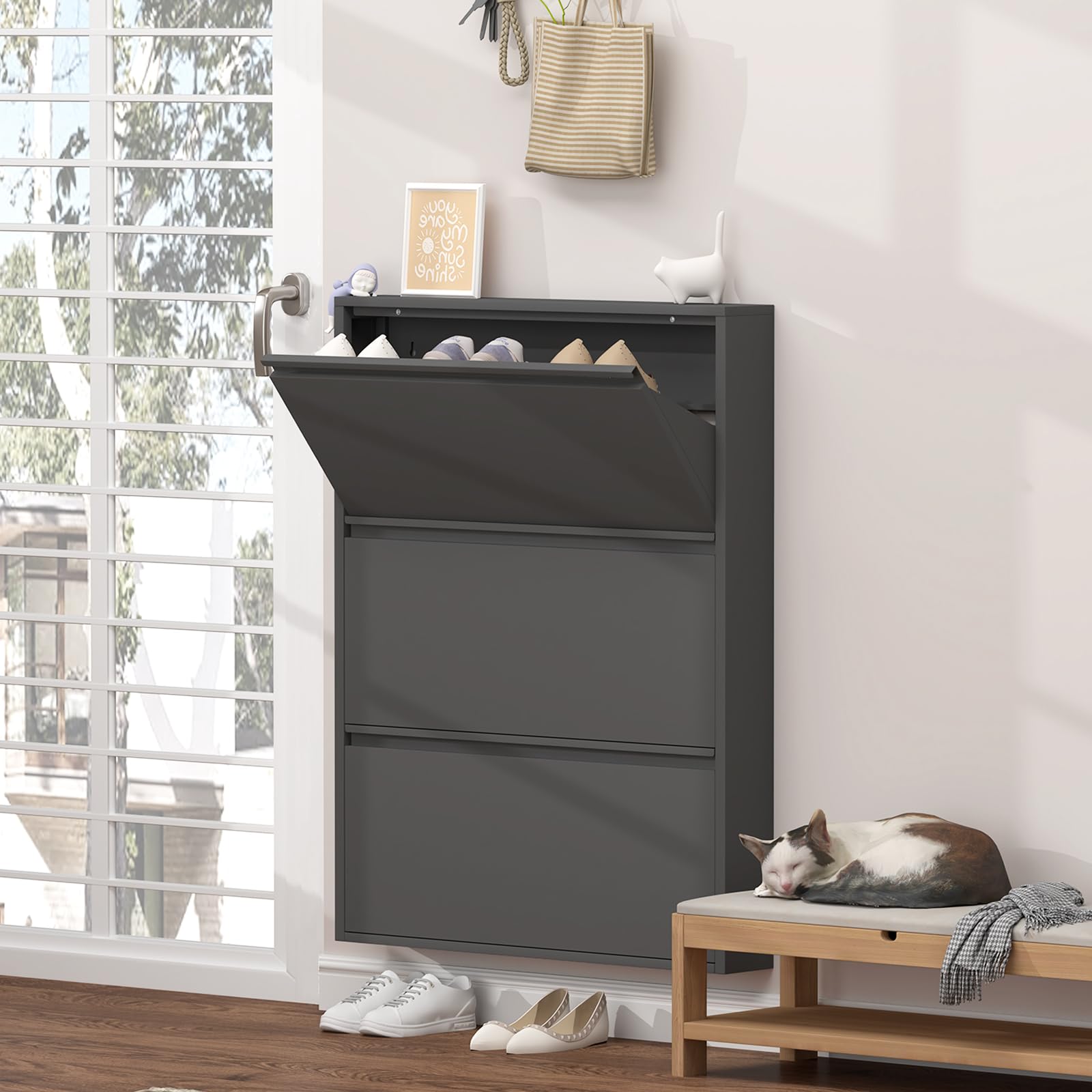 GREATMEET 3-Tier Wall Mounted Shoe Storage Cabinet with Flip Drawers - Space Saving Narrow Entryway Shoe Organizer for Closet, Hallway & Bedroom - Black Slim Shoe Rack for Small Spaces
