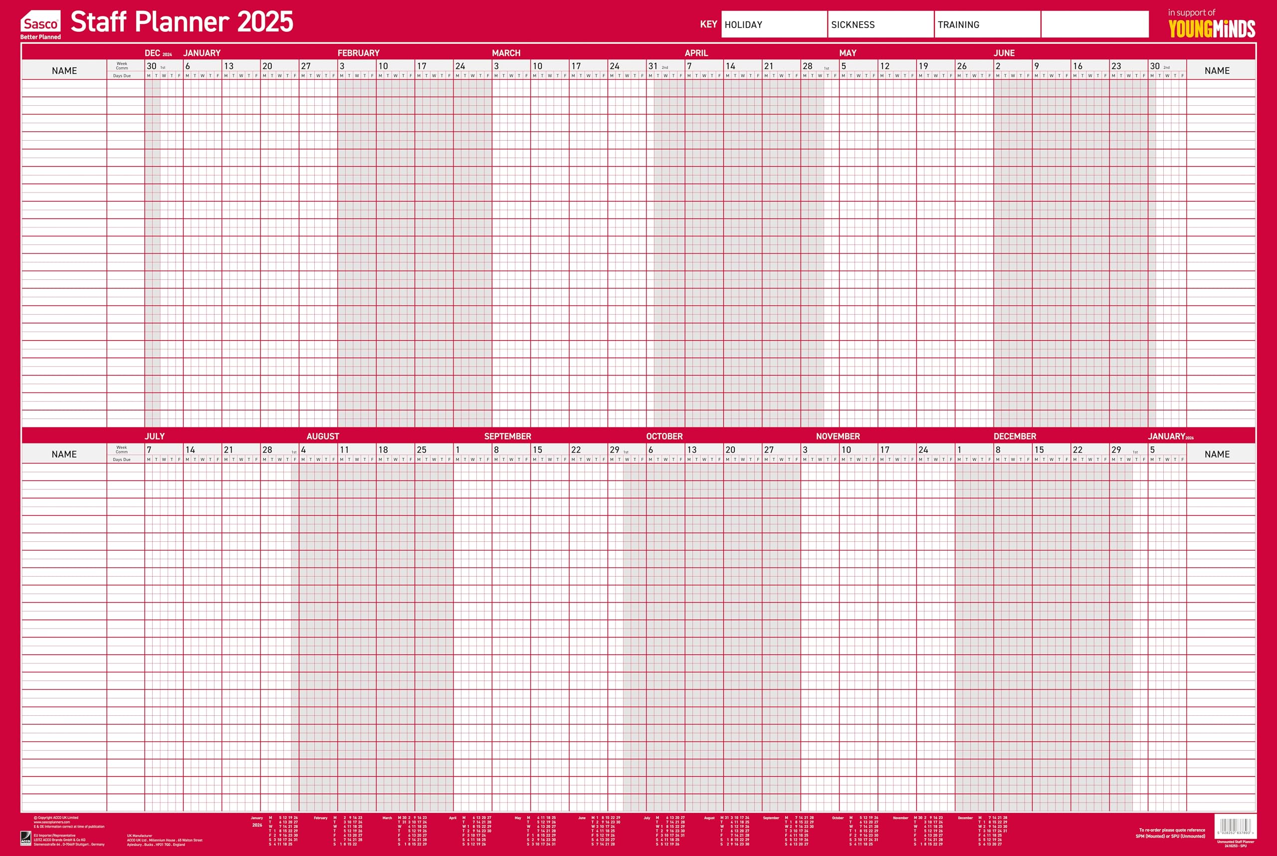 Sasco 2025 Unmounted Staff Year Wall Planner - Large 36 x 24 Inch (915 x 610mm) Poster - Perfect for Office, Classroom & Home Organization