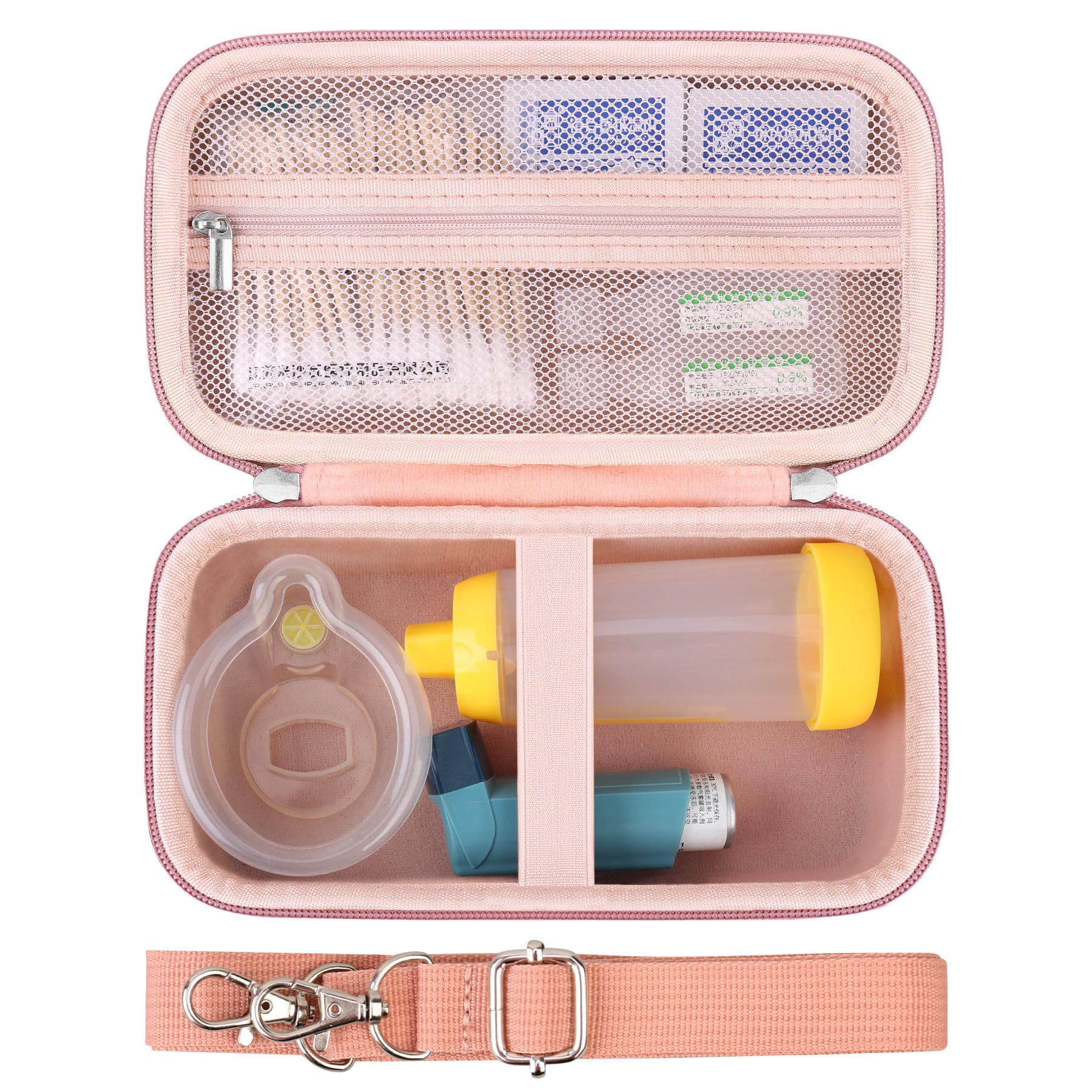 Asthma Inhaler Hard Case with Spacer for Kids & Adults - Travel Organizer with Mesh Pocket for Medication & Accessories (Rose Gold) - Perfect for School, Work & Outdoor Activities