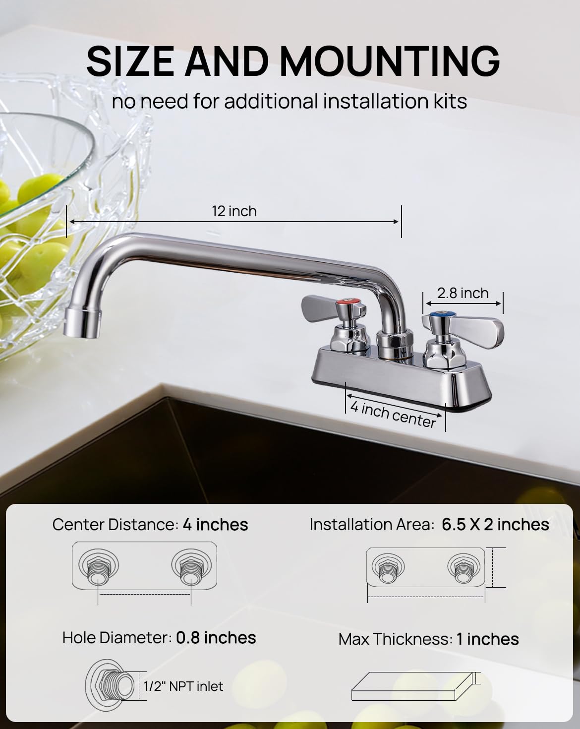 Leak-Free Commercial Kitchen Sink Faucet 4 Inch Center 2 Hole - Heavy Duty Brass Hand Wash Faucet with 12