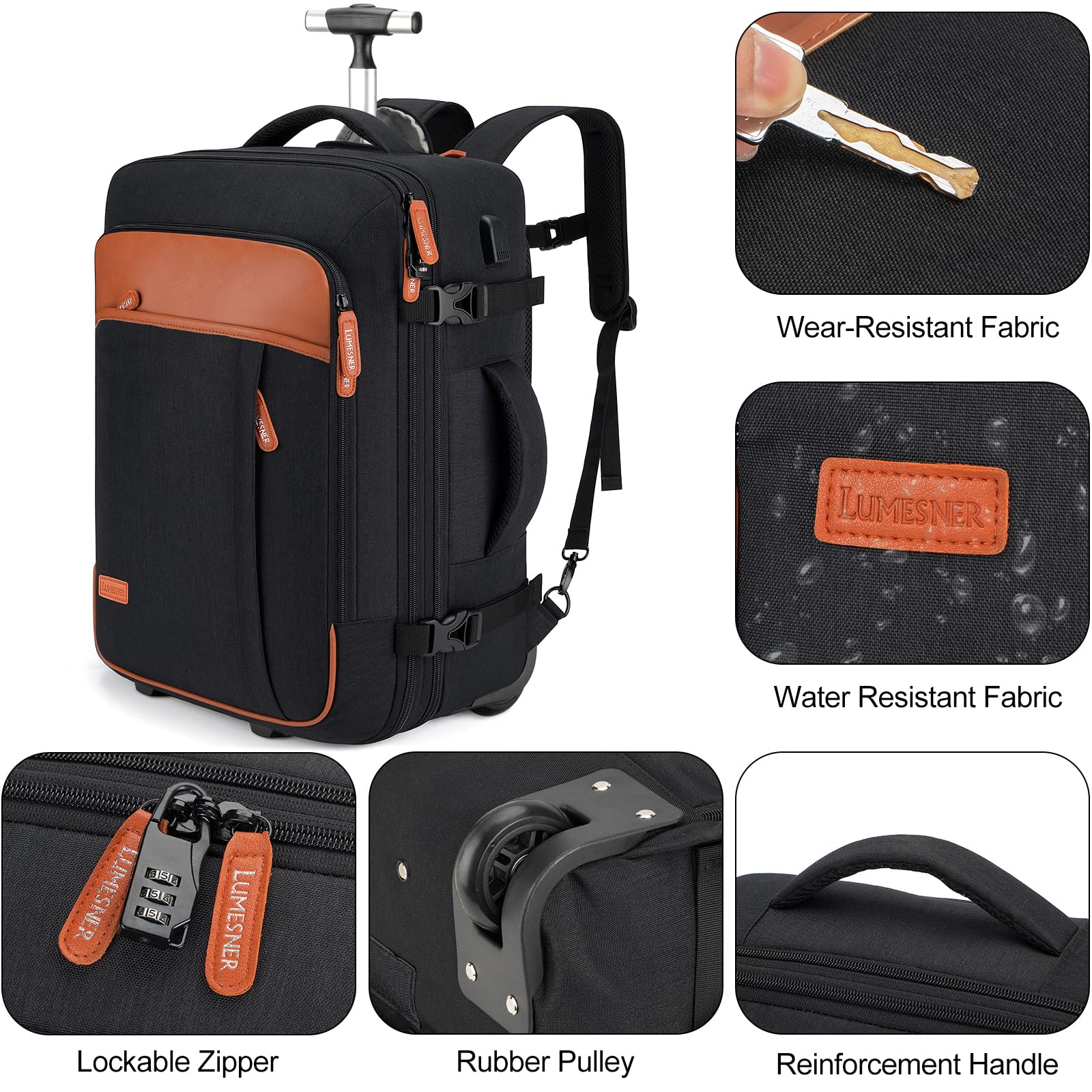 Rolling Backpack for Women & Men - 17.3 Inch Wheeled Laptop Backpack with 4 Packing Cubes, Travel Backpack with Wheels for Business Work & Airplane Carry On (Black) - Perfect for Commuting, Business Trips & Airport Travel
