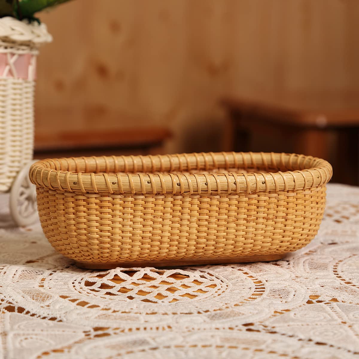 Handwoven Rattan Storage Basket - Woven Nantucket Tea & Fruit Basket, Handmade Desktop Organizer for Home Decor, Kitchen, Bathroom, and Office Organization